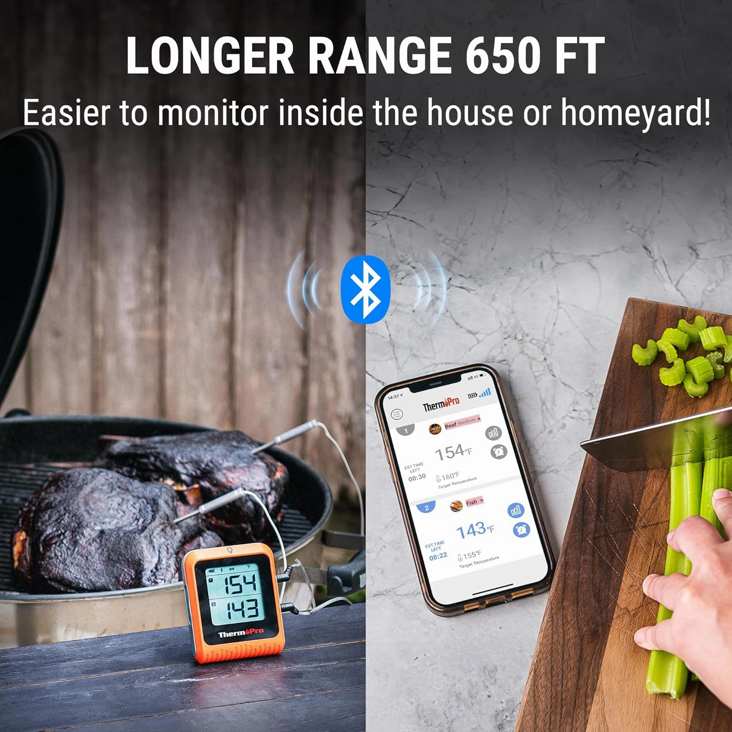 ThermoPro 650 ft Wireless Meat Thermometer Digital for Grilling and Smoking, 2 Probes Bluetooth Meat Thermometer for Cooking Turkey Fish Beef, Rechargeable Smoker Accessories for BBQ, Fathers Day Gift