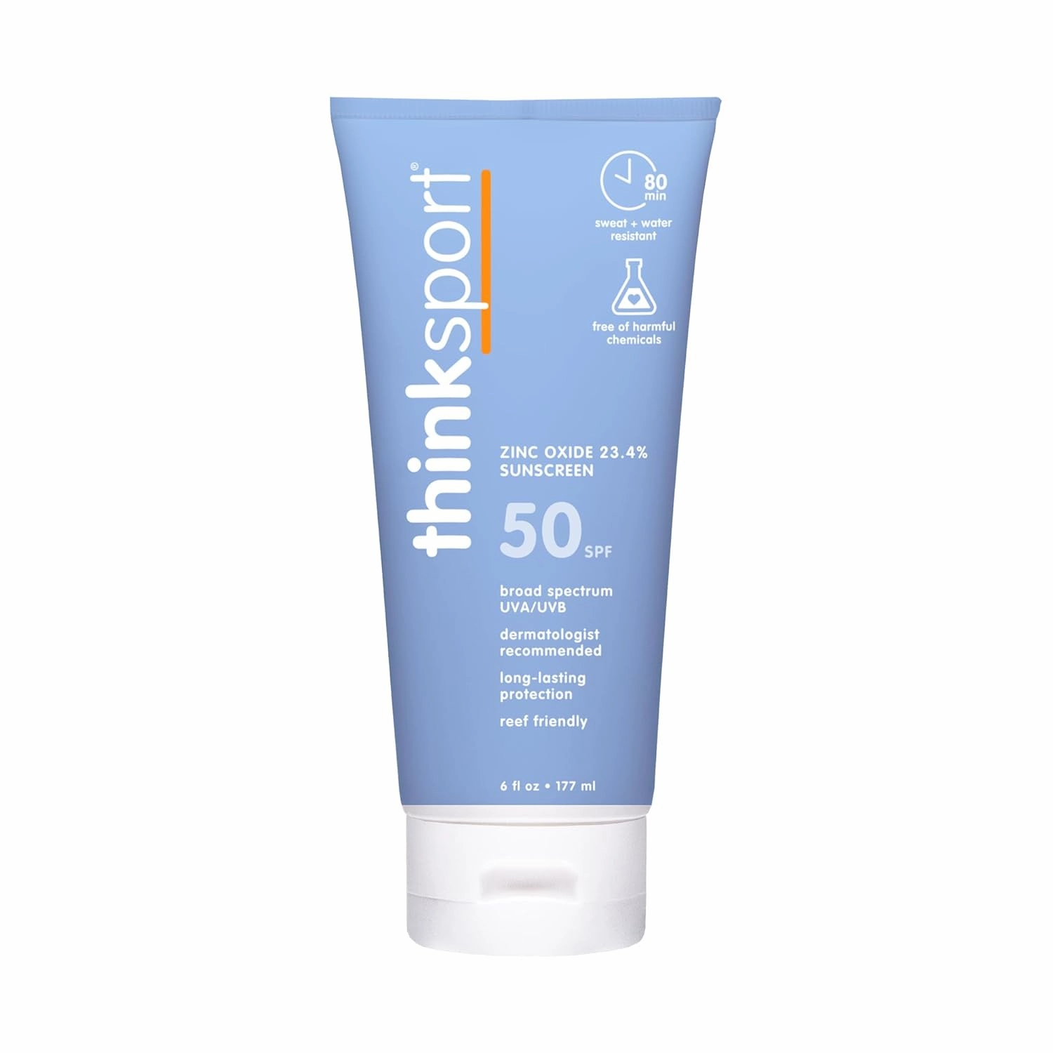 Thinksport SPF 50  Mineral Sunscreen – Safe, Natural Sunblock for Sports & Active Use - Water Resistant Sun Cream –UVA/UVB Sun Protection – Vegan, Reef Friendly Lotion, 6oz