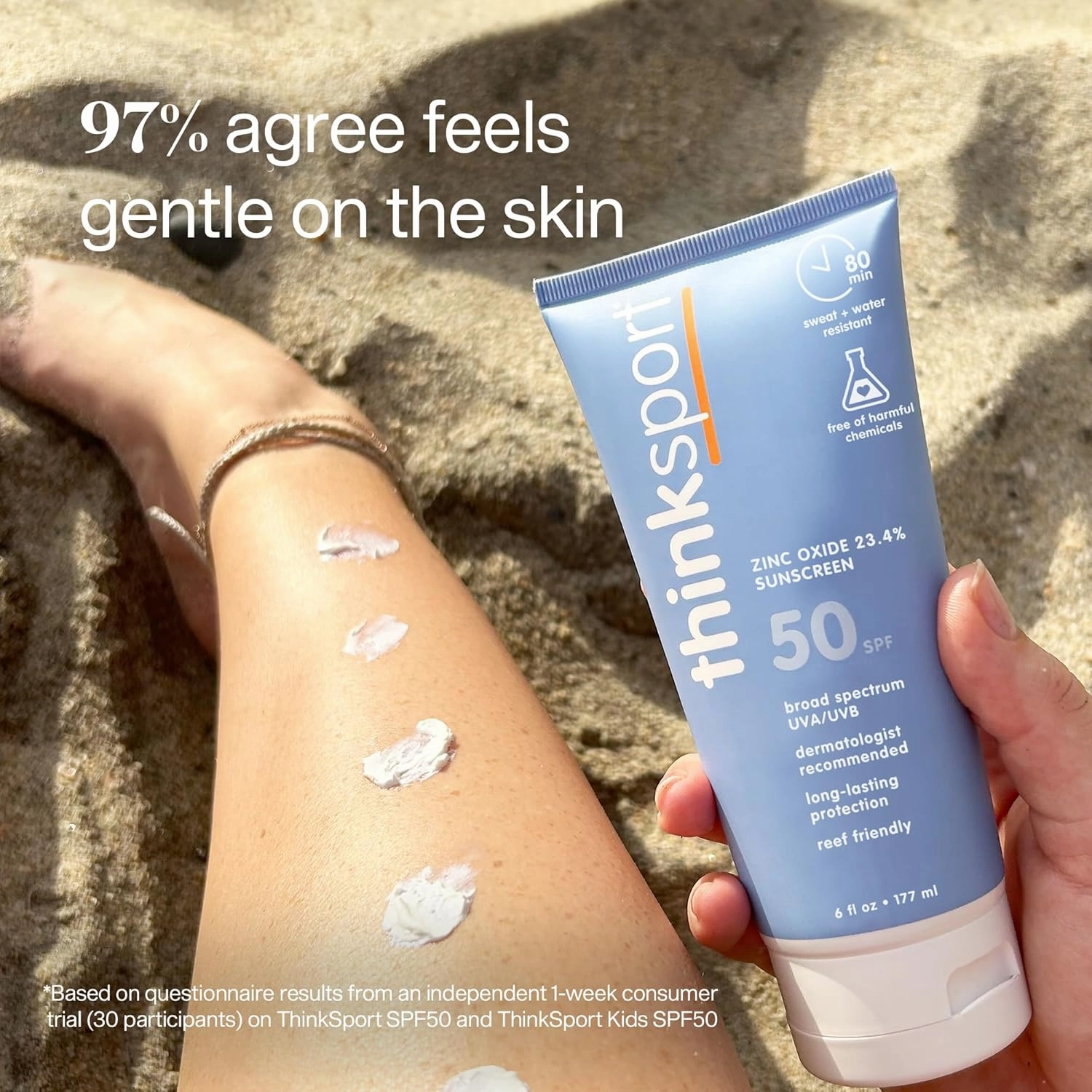 Thinksport SPF 50  Mineral Sunscreen – Safe, Natural Sunblock for Sports & Active Use - Water Resistant Sun Cream –UVA/UVB Sun Protection – Vegan, Reef Friendly Lotion, 6oz