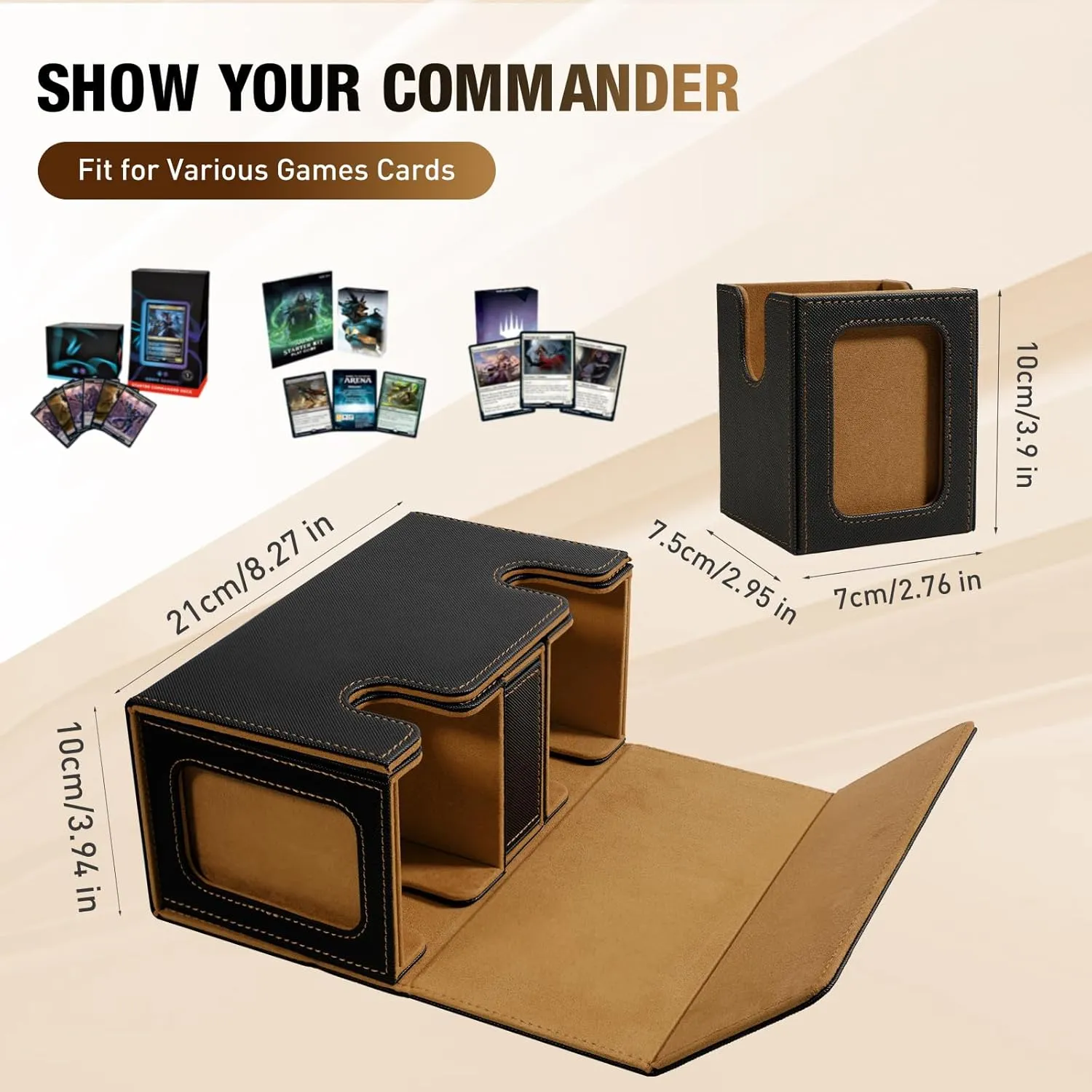 TiMOVO MTG Deck Box, Commander Deck Case Fits 200  Double-Sleeved Cards, Magnetic Leather Card Storage Box with 2 Commander Display & 4Dividers & Dice Tray Fit YuGiOh TCG CCG Magic Cards, Black Gold