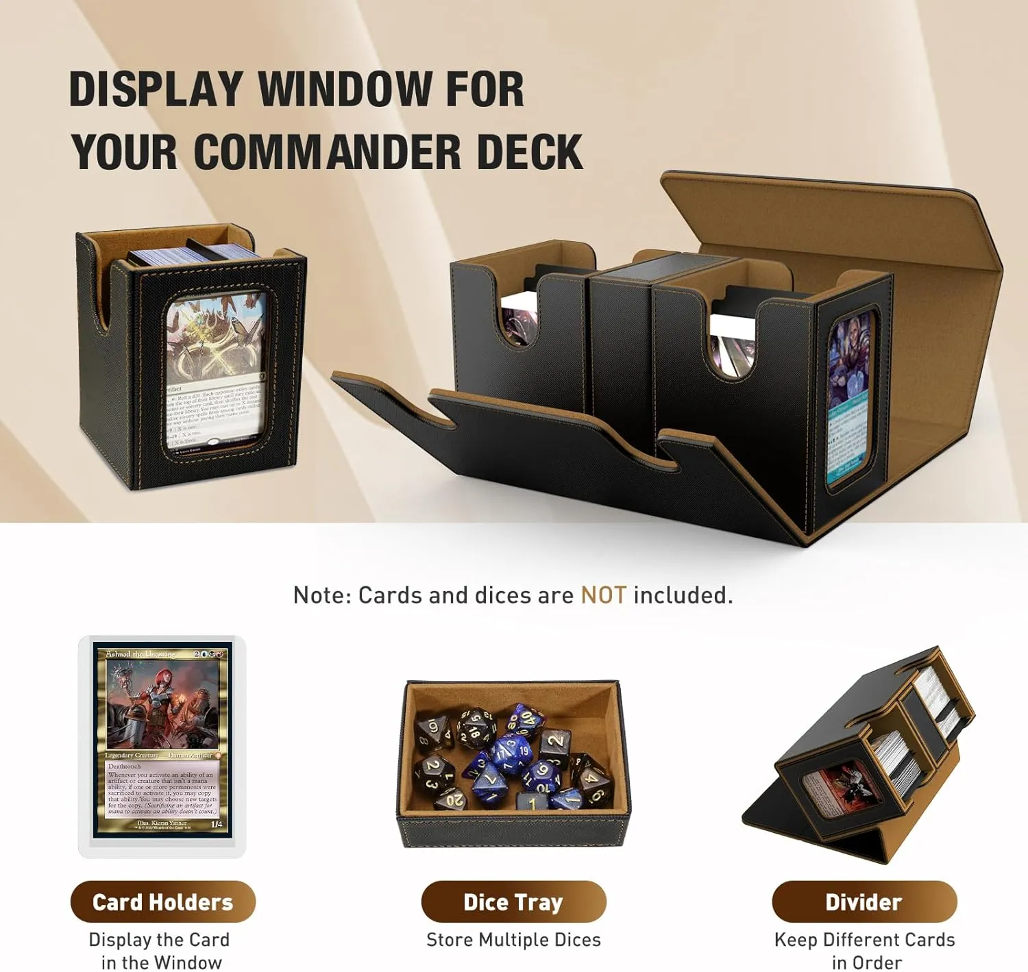TiMOVO MTG Deck Box, Commander Deck Case Fits 200  Double-Sleeved Cards, Magnetic Leather Card Storage Box with 2 Commander Display & 4Dividers & Dice Tray Fit YuGiOh TCG CCG Magic Cards, Black Gold