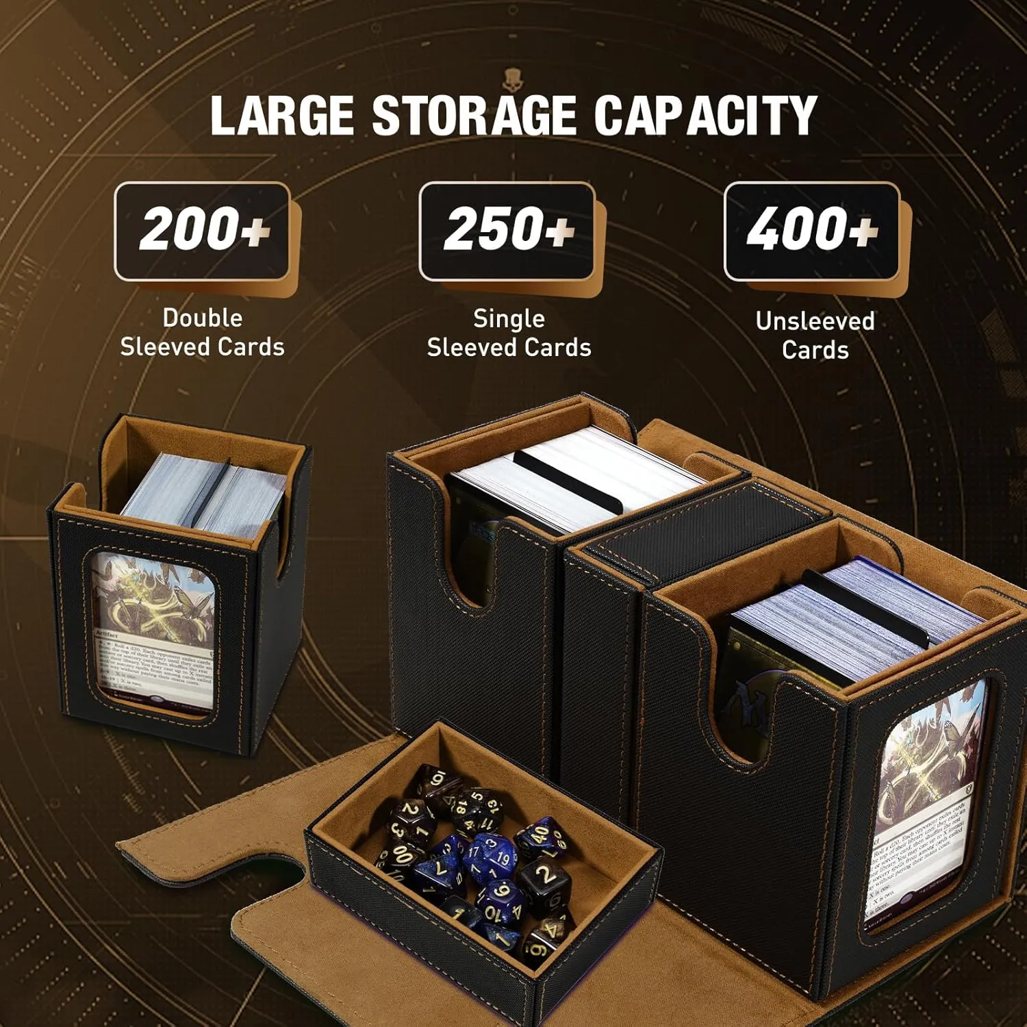 TiMOVO MTG Deck Box, Commander Deck Case Fits 200  Double-Sleeved Cards, Magnetic Leather Card Storage Box with 2 Commander Display & 4Dividers & Dice Tray Fit YuGiOh TCG CCG Magic Cards, Black Gold