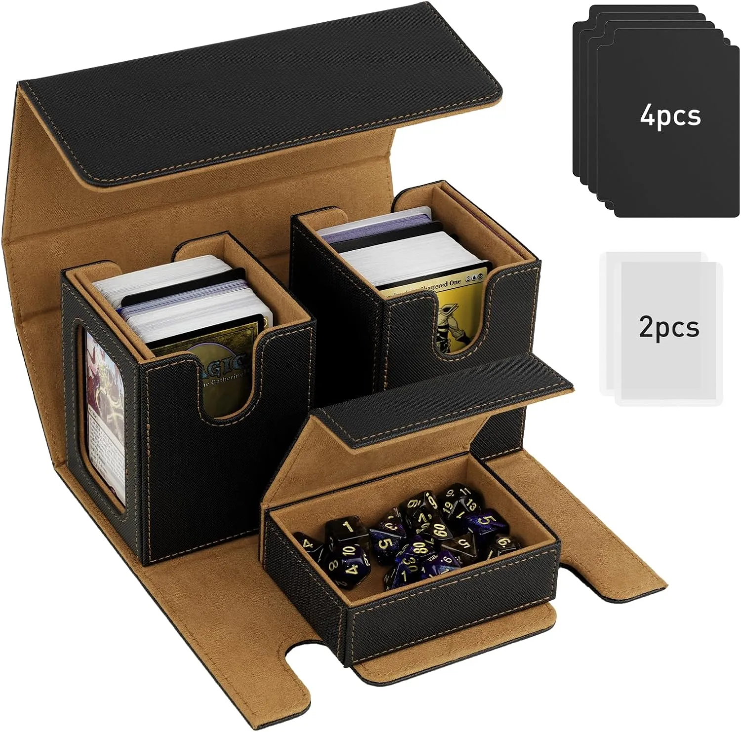 TiMOVO MTG Deck Box, Commander Deck Case Fits 200  Double-Sleeved Cards, Magnetic Leather Card Storage Box with 2 Commander Display & 4Dividers & Dice Tray Fit YuGiOh TCG CCG Magic Cards, Black Gold