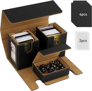 TiMOVO MTG Deck Box, Commander Deck Case Fits 200  Double-Sleeved Cards, Magnetic Leather Card Storage Box with 2 Commander Display & 4Dividers & Dice Tray Fit YuGiOh TCG CCG Magic Cards, Black Gold