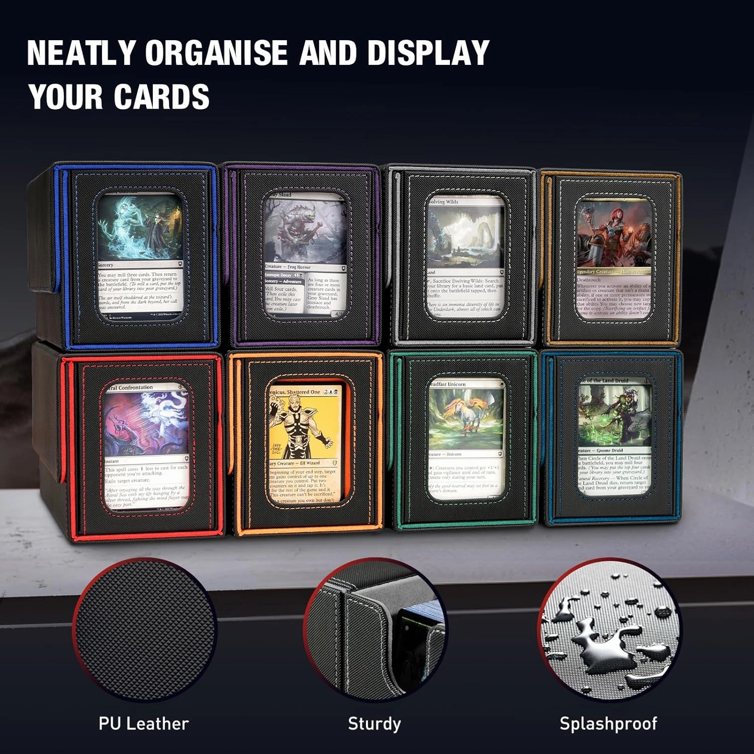 TiMOVO MTG Deck Box, Commander Deck Case Fits 200  Double-Sleeved Cards, Magnetic Leather Card Storage Box with 2 Commander Display & 4Dividers & Dice Tray Fit YuGiOh TCG CCG Magic Cards, Black Gray