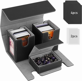 TiMOVO MTG Deck Box, Commander Deck Case Fits 200  Double-Sleeved Cards, Magnetic Leather Card Storage Box with 2 Commander Display & 4Dividers & Dice Tray Fit YuGiOh TCG CCG Magic Cards, Black Gray