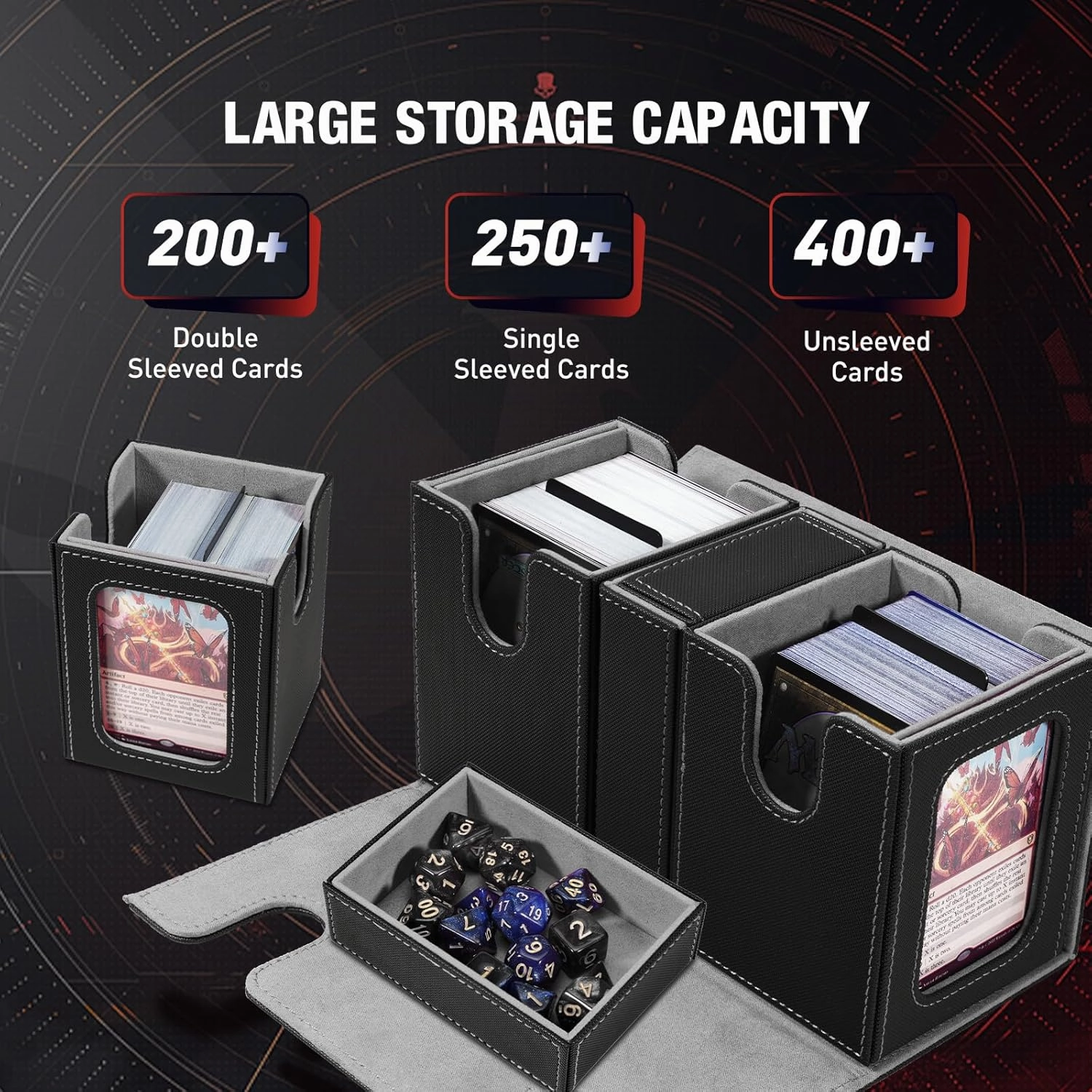 TiMOVO MTG Deck Box, Commander Deck Case Fits 200  Double-Sleeved Cards, Magnetic Leather Card Storage Box with 2 Commander Display & 4Dividers & Dice Tray Fit YuGiOh TCG CCG Magic Cards, Black Gray