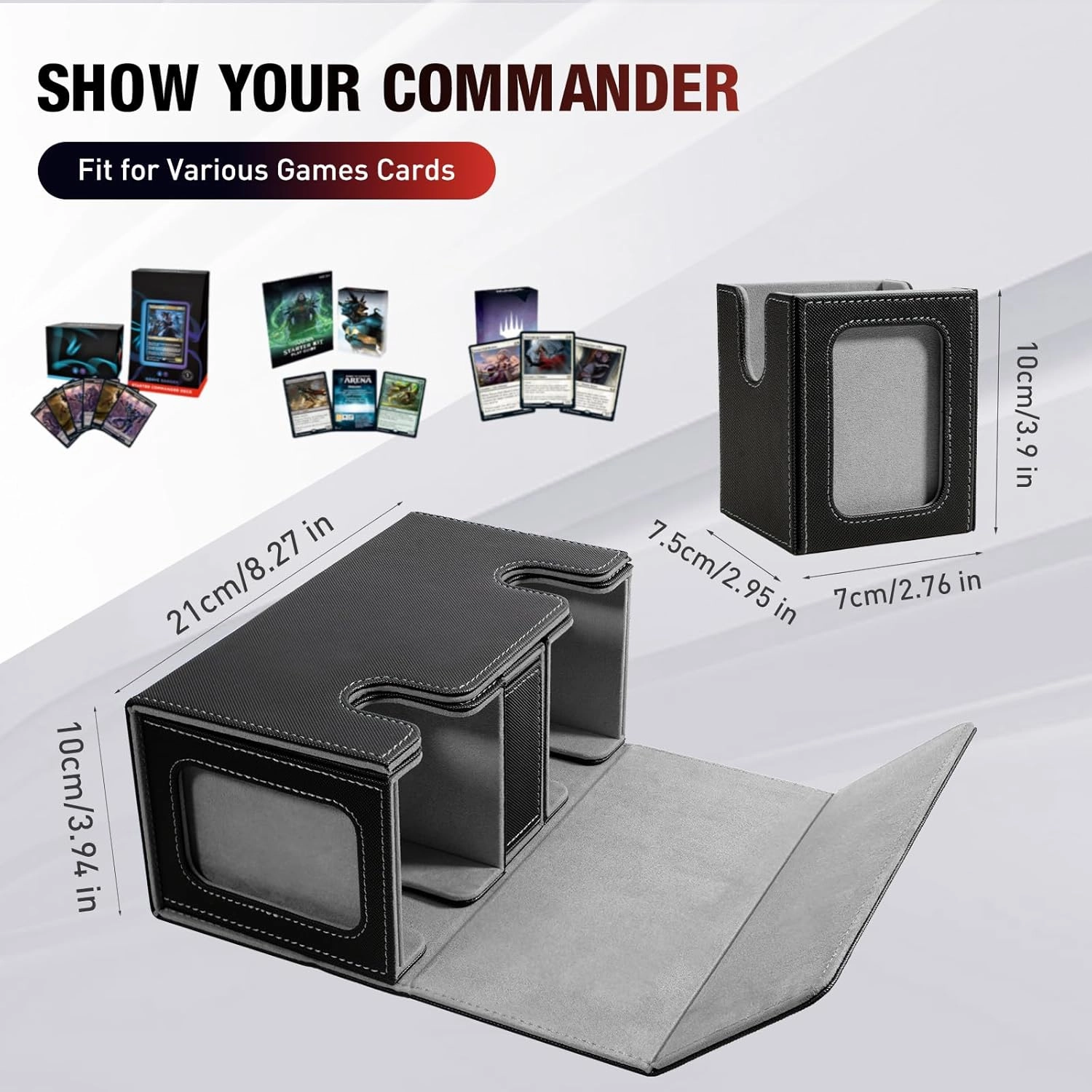 TiMOVO MTG Deck Box, Commander Deck Case Fits 200  Double-Sleeved Cards, Magnetic Leather Card Storage Box with 2 Commander Display & 4Dividers & Dice Tray Fit YuGiOh TCG CCG Magic Cards, Black Gray