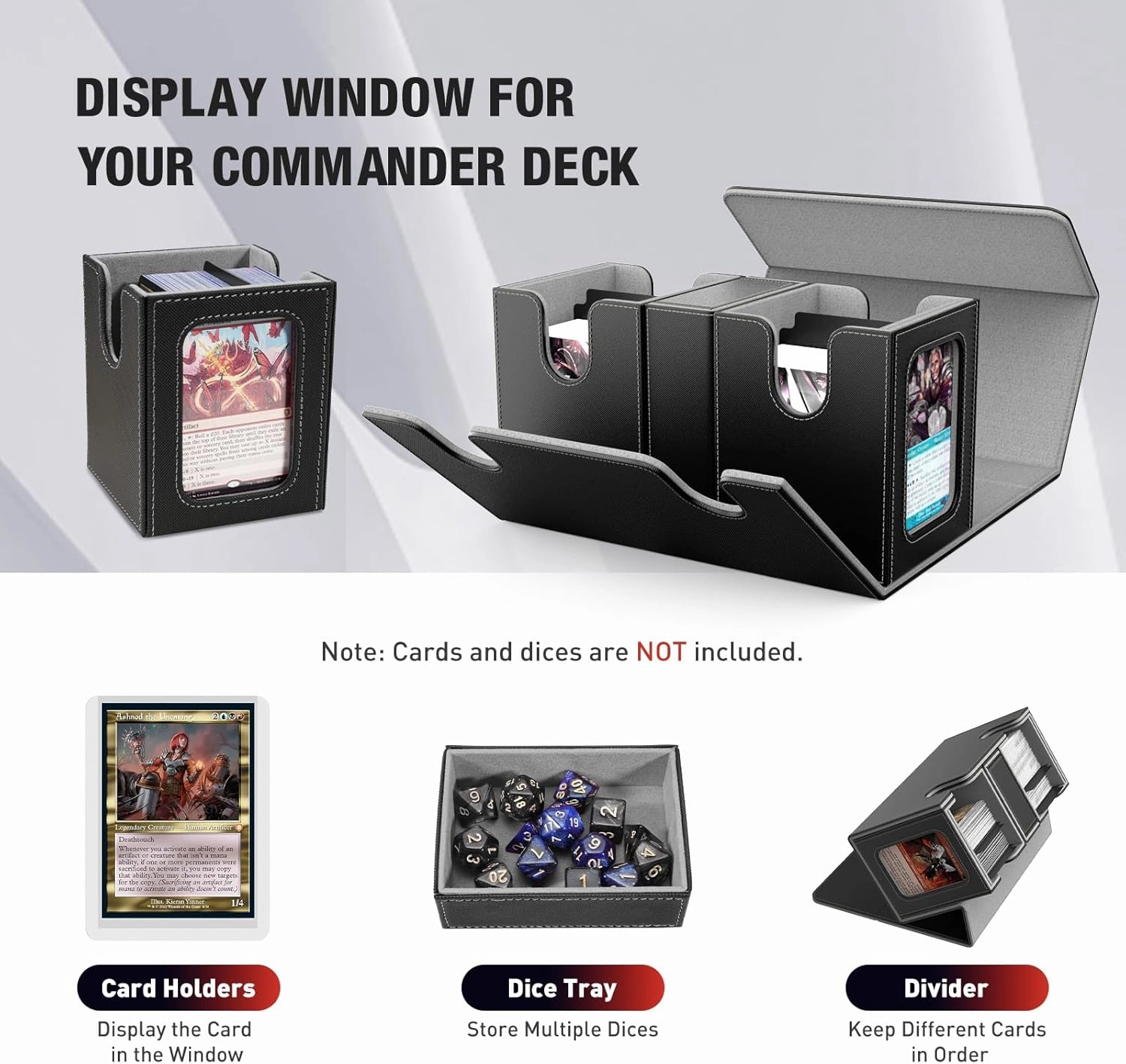 TiMOVO MTG Deck Box, Commander Deck Case Fits 200  Double-Sleeved Cards, Magnetic Leather Card Storage Box with 2 Commander Display & 4Dividers & Dice Tray Fit YuGiOh TCG CCG Magic Cards, Black Gray