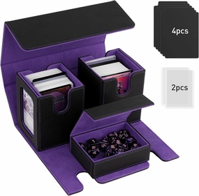 TiMOVO MTG Deck Box, Commander Deck Case Fits 200  Double-Sleeved Cards, Magnetic Leather Card Storage Box with 2 Commander Display & 4Dividers & Dice Tray Fit YuGiOh TCG CCG Magic Cards, Black Purple