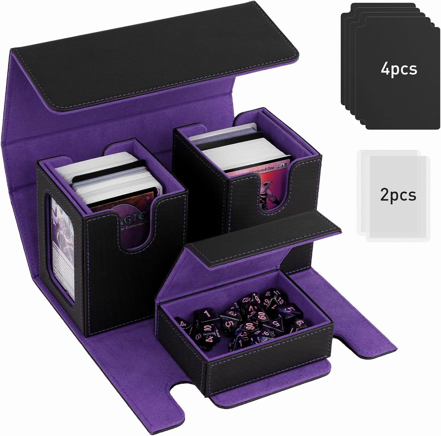 TiMOVO MTG Deck Box, Commander Deck Case Fits 200  Double-Sleeved Cards, Magnetic Leather Card Storage Box with 2 Commander Display & 4Dividers & Dice Tray Fit YuGiOh TCG CCG Magic Cards, Black Purple