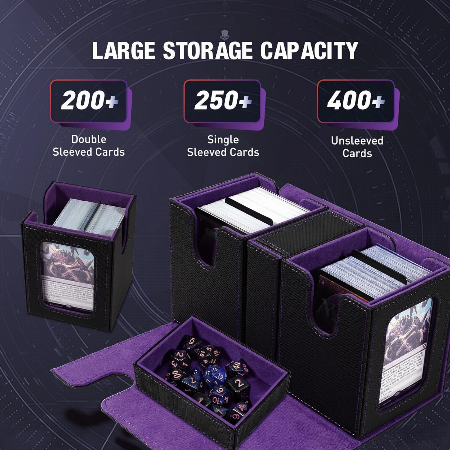 TiMOVO MTG Deck Box, Commander Deck Case Fits 200  Double-Sleeved Cards, Magnetic Leather Card Storage Box with 2 Commander Display & 4Dividers & Dice Tray Fit YuGiOh TCG CCG Magic Cards, Black Purple