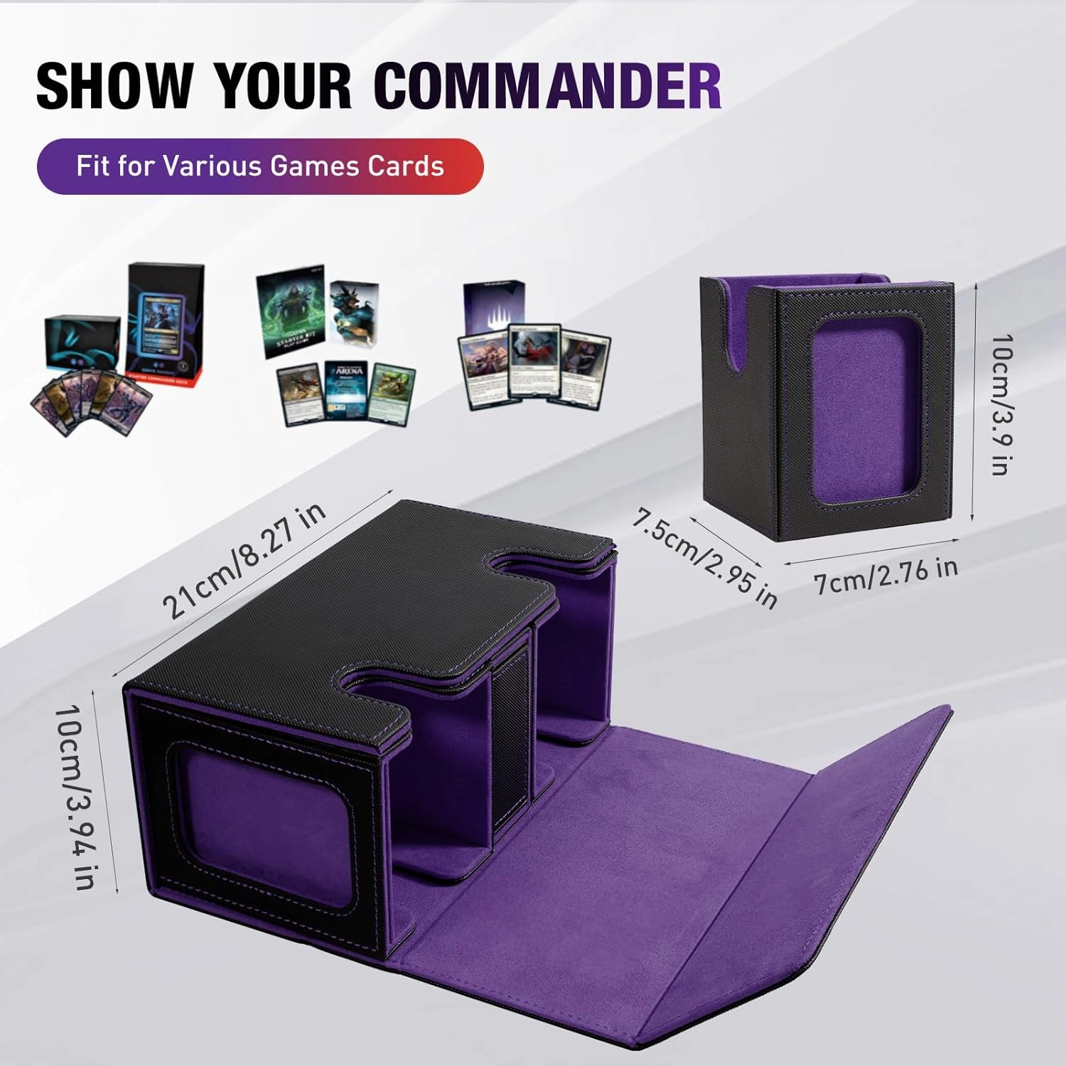 TiMOVO MTG Deck Box, Commander Deck Case Fits 200  Double-Sleeved Cards, Magnetic Leather Card Storage Box with 2 Commander Display & 4Dividers & Dice Tray Fit YuGiOh TCG CCG Magic Cards, Black Purple