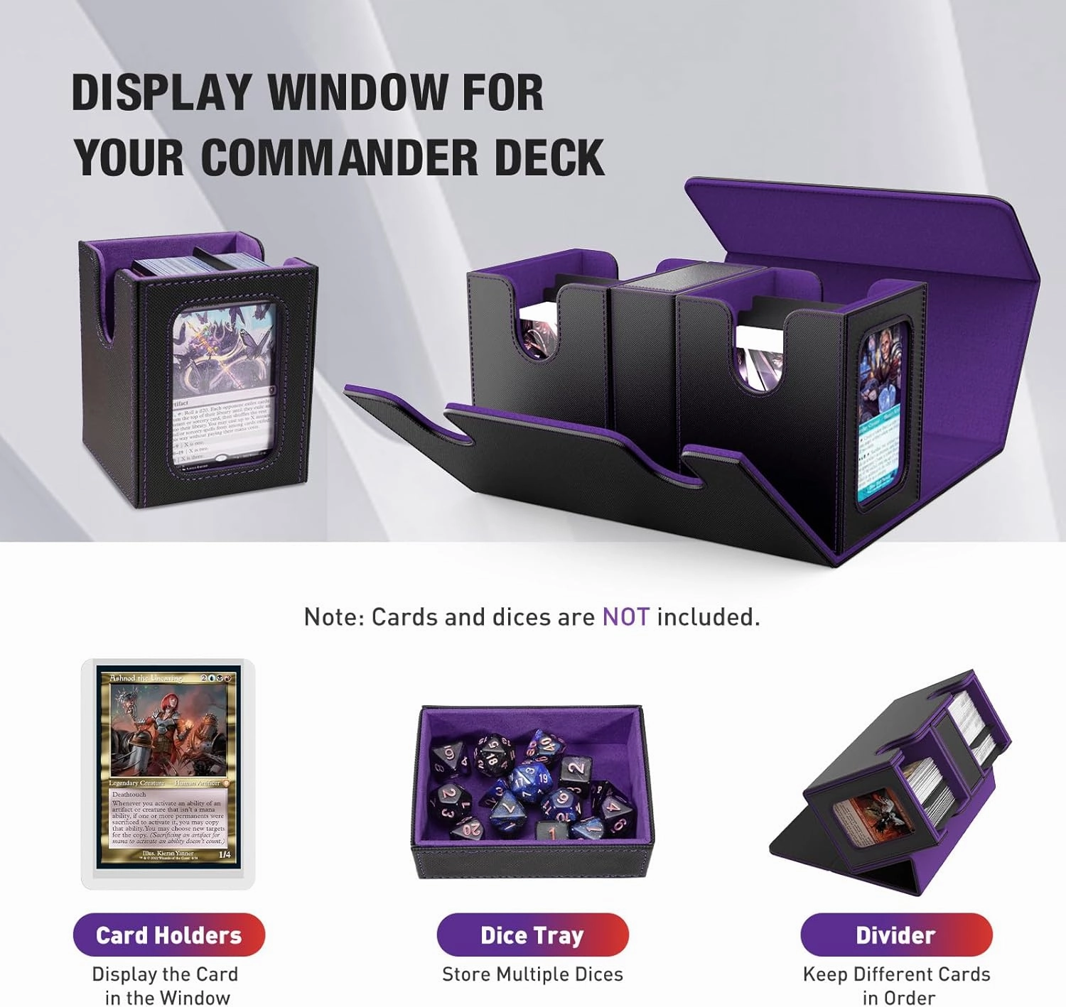 TiMOVO MTG Deck Box, Commander Deck Case Fits 200  Double-Sleeved Cards, Magnetic Leather Card Storage Box with 2 Commander Display & 4Dividers & Dice Tray Fit YuGiOh TCG CCG Magic Cards, Black Purple