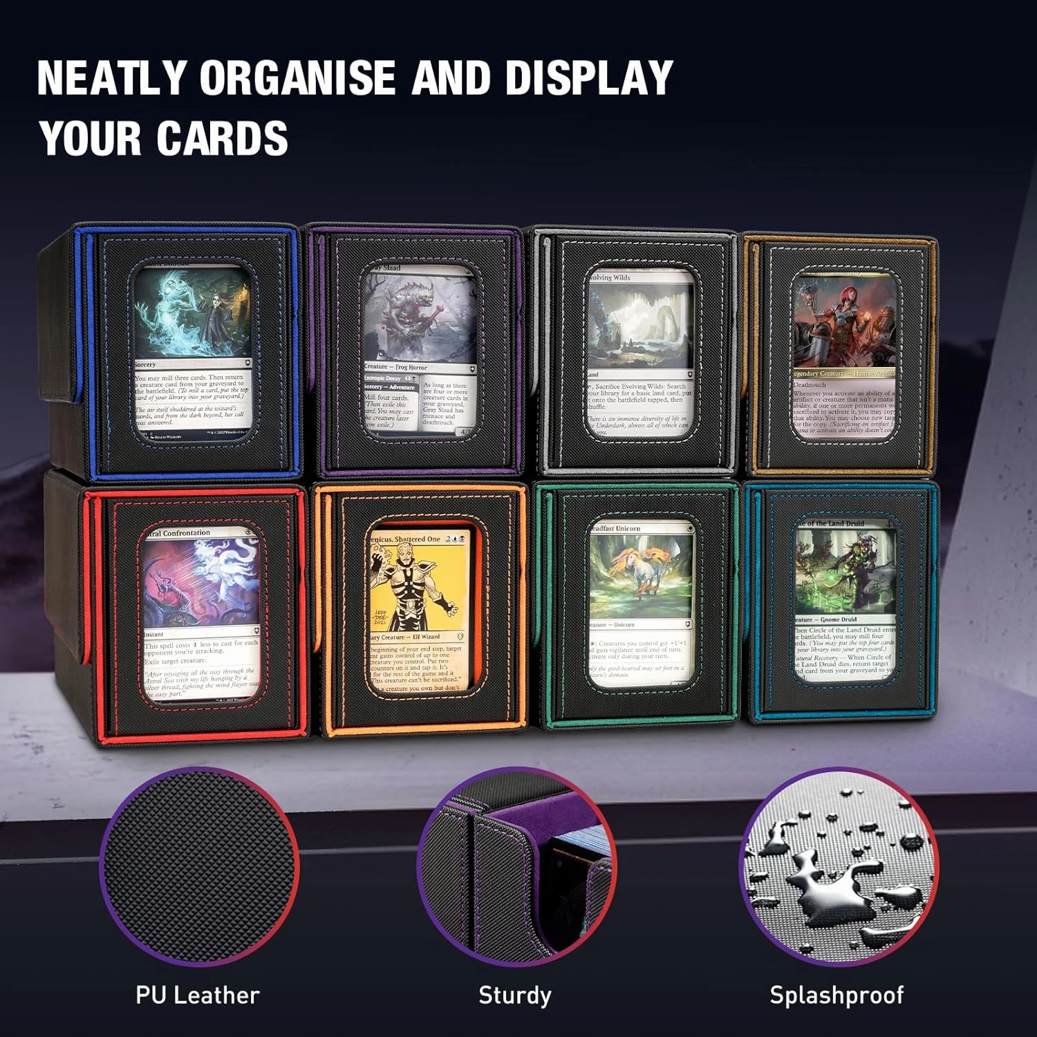 TiMOVO MTG Deck Box, Commander Deck Case Fits 200  Double-Sleeved Cards, Magnetic Leather Card Storage Box with 2 Commander Display & 4Dividers & Dice Tray Fit YuGiOh TCG CCG Magic Cards, Black Purple