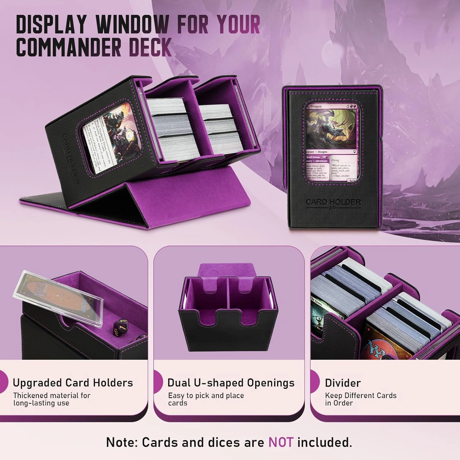 TiMOVO MTG Deck Box, MTG Commander Card Deck Box with Commander Display & Dice Tray Fits 400  Unsleeved Cards, Leather Magnetic Card Storage Case with 6 Dividers for TCG CCG Magic Cards, Black Purple