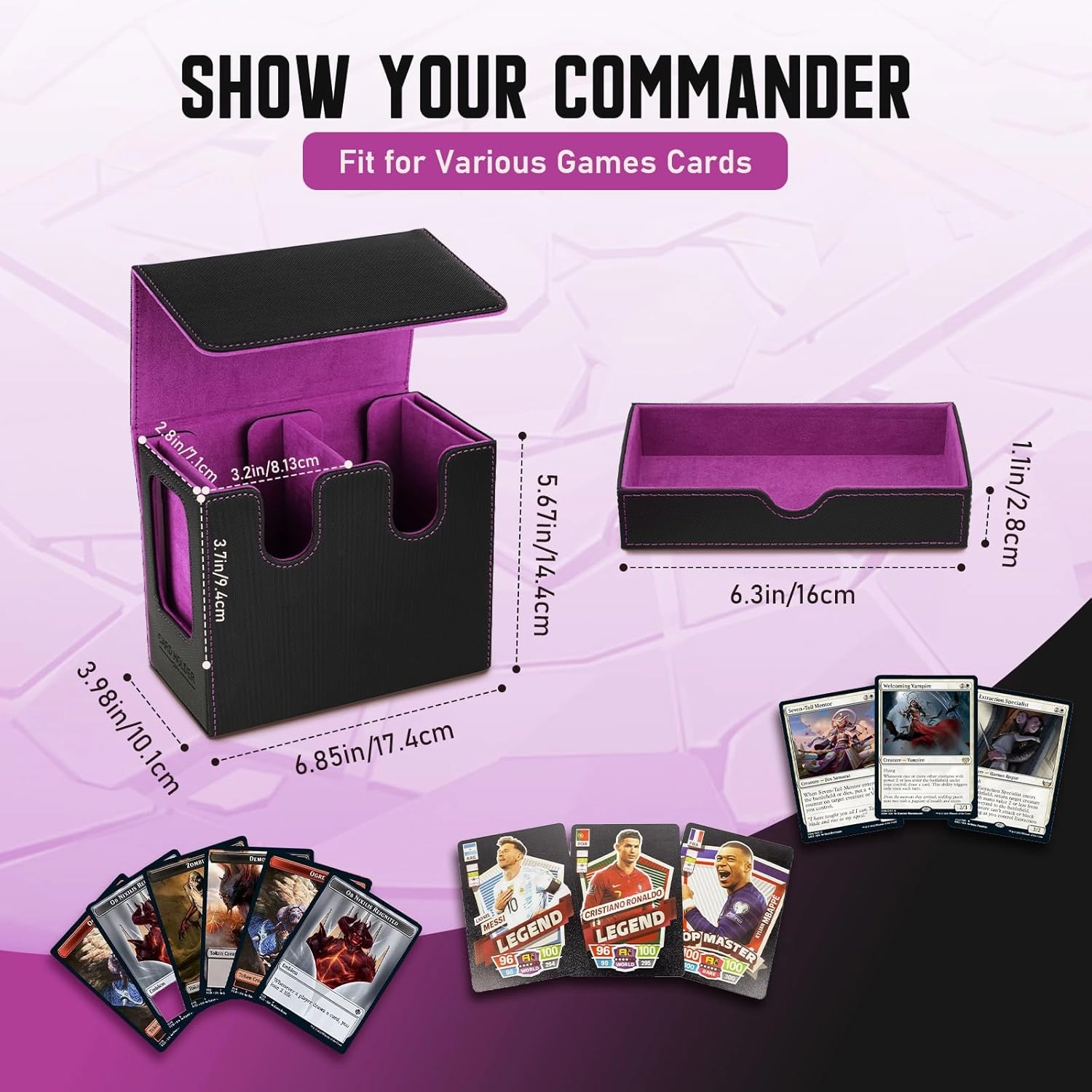 TiMOVO MTG Deck Box, MTG Commander Card Deck Box with Commander Display & Dice Tray Fits 400  Unsleeved Cards, Leather Magnetic Card Storage Case with 6 Dividers for TCG CCG Magic Cards, Black Purple