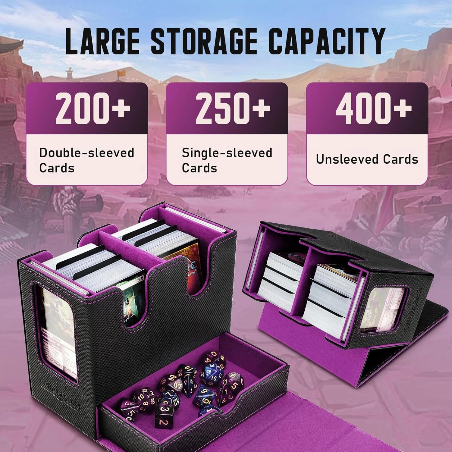 TiMOVO MTG Deck Box, MTG Commander Card Deck Box with Commander Display & Dice Tray Fits 400  Unsleeved Cards, Leather Magnetic Card Storage Case with 6 Dividers for TCG CCG Magic Cards, Black Purple