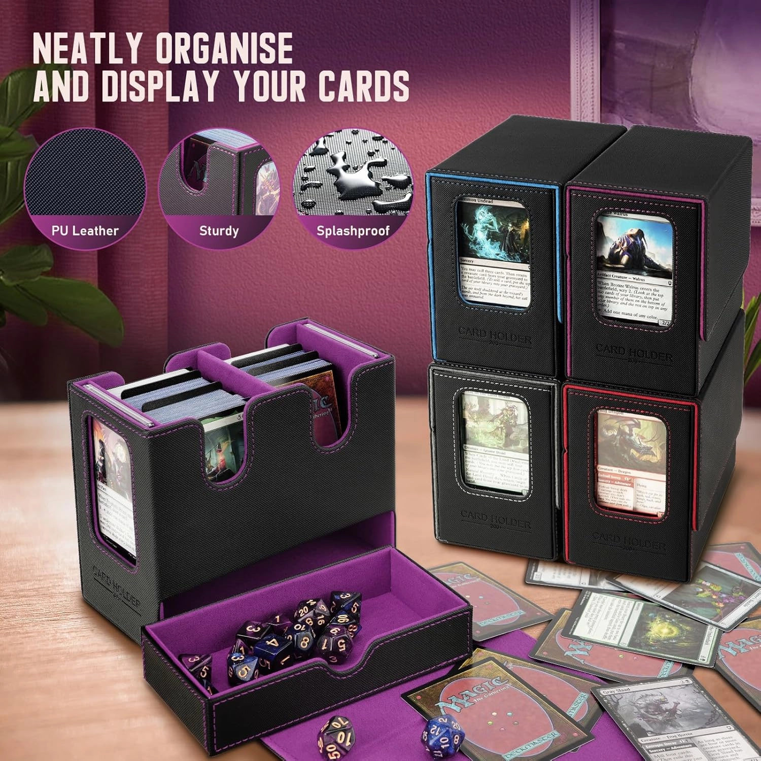 TiMOVO MTG Deck Box, MTG Commander Card Deck Box with Commander Display & Dice Tray Fits 400  Unsleeved Cards, Leather Magnetic Card Storage Case with 6 Dividers for TCG CCG Magic Cards, Black Purple