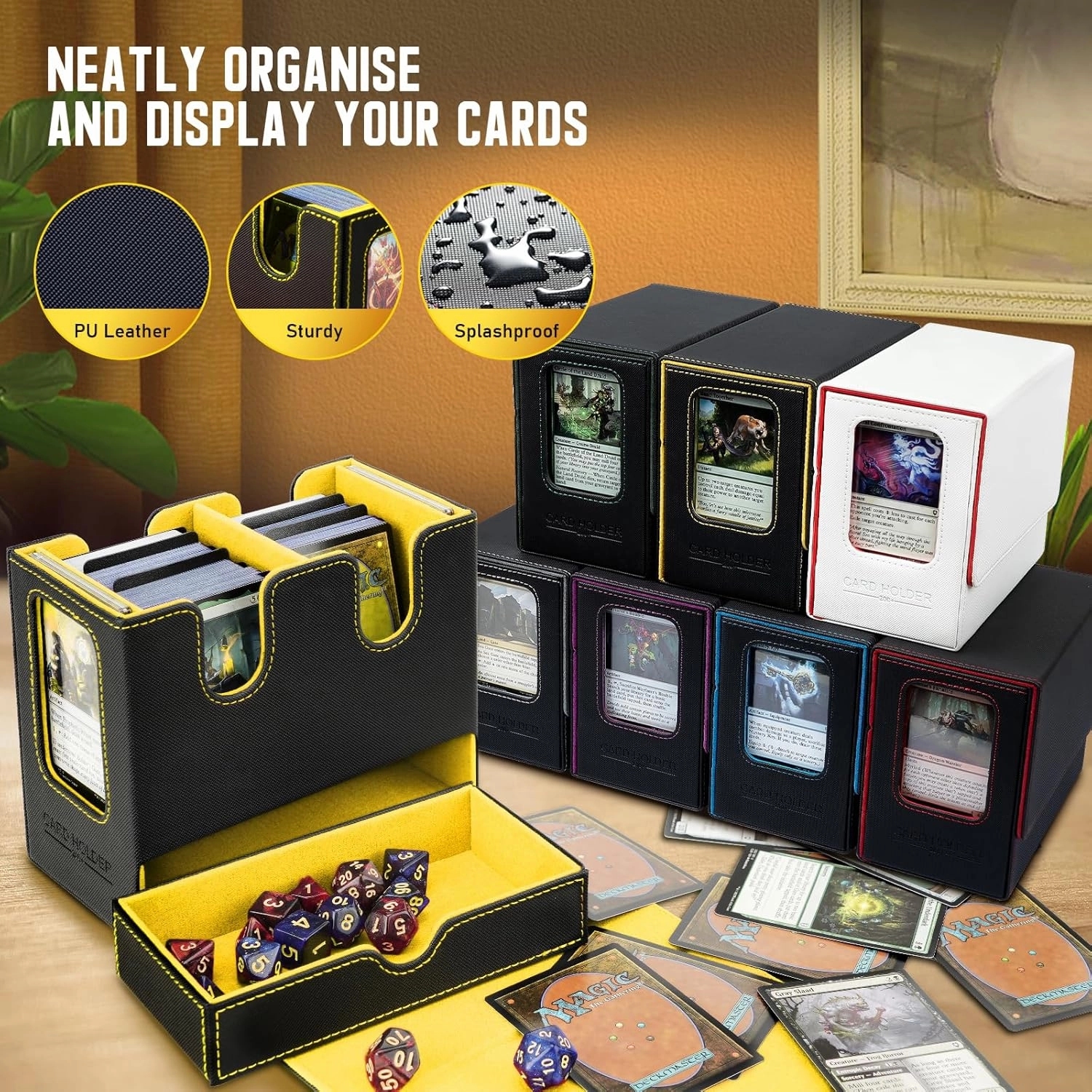 TiMOVO MTG Deck Box, MTG Commander Card Deck Box with Commander Display & Dice Tray Fits 400  Unsleeved Cards, Leather Magnetic Card Storage Case with 6 Dividers for TCG CCG Magic Cards, Black  Yellow