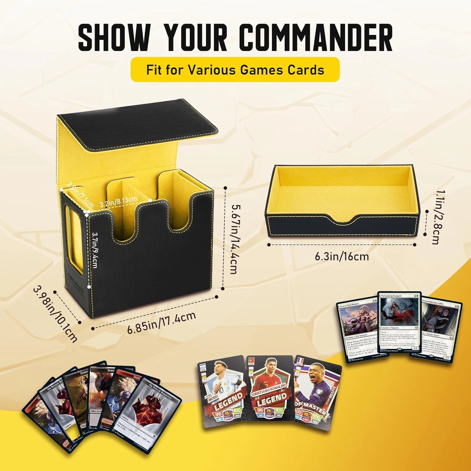 TiMOVO MTG Deck Box, MTG Commander Card Deck Box with Commander Display & Dice Tray Fits 400  Unsleeved Cards, Leather Magnetic Card Storage Case with 6 Dividers for TCG CCG Magic Cards, Black  Yellow
