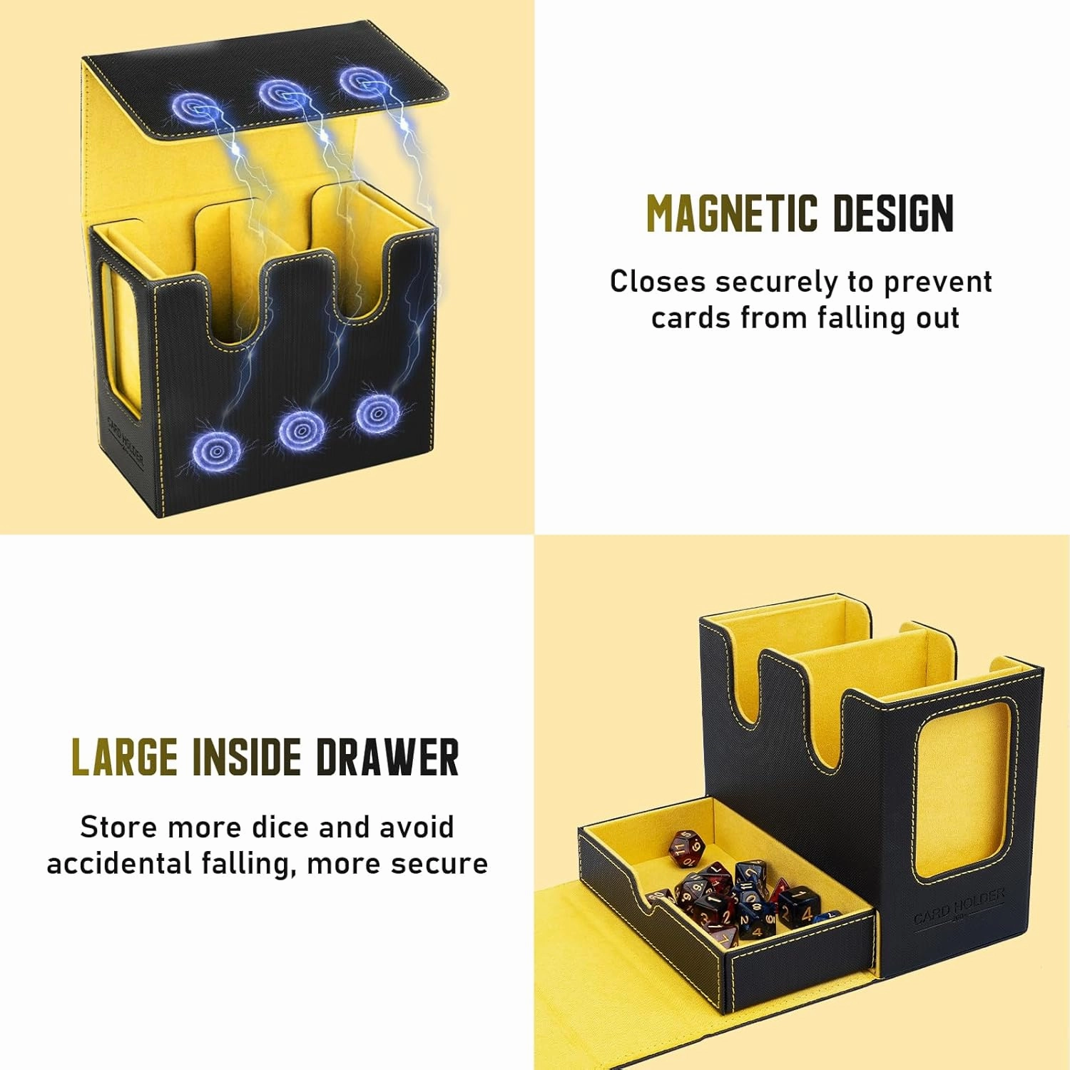 TiMOVO MTG Deck Box, MTG Commander Card Deck Box with Commander Display & Dice Tray Fits 400  Unsleeved Cards, Leather Magnetic Card Storage Case with 6 Dividers for TCG CCG Magic Cards, Black  Yellow