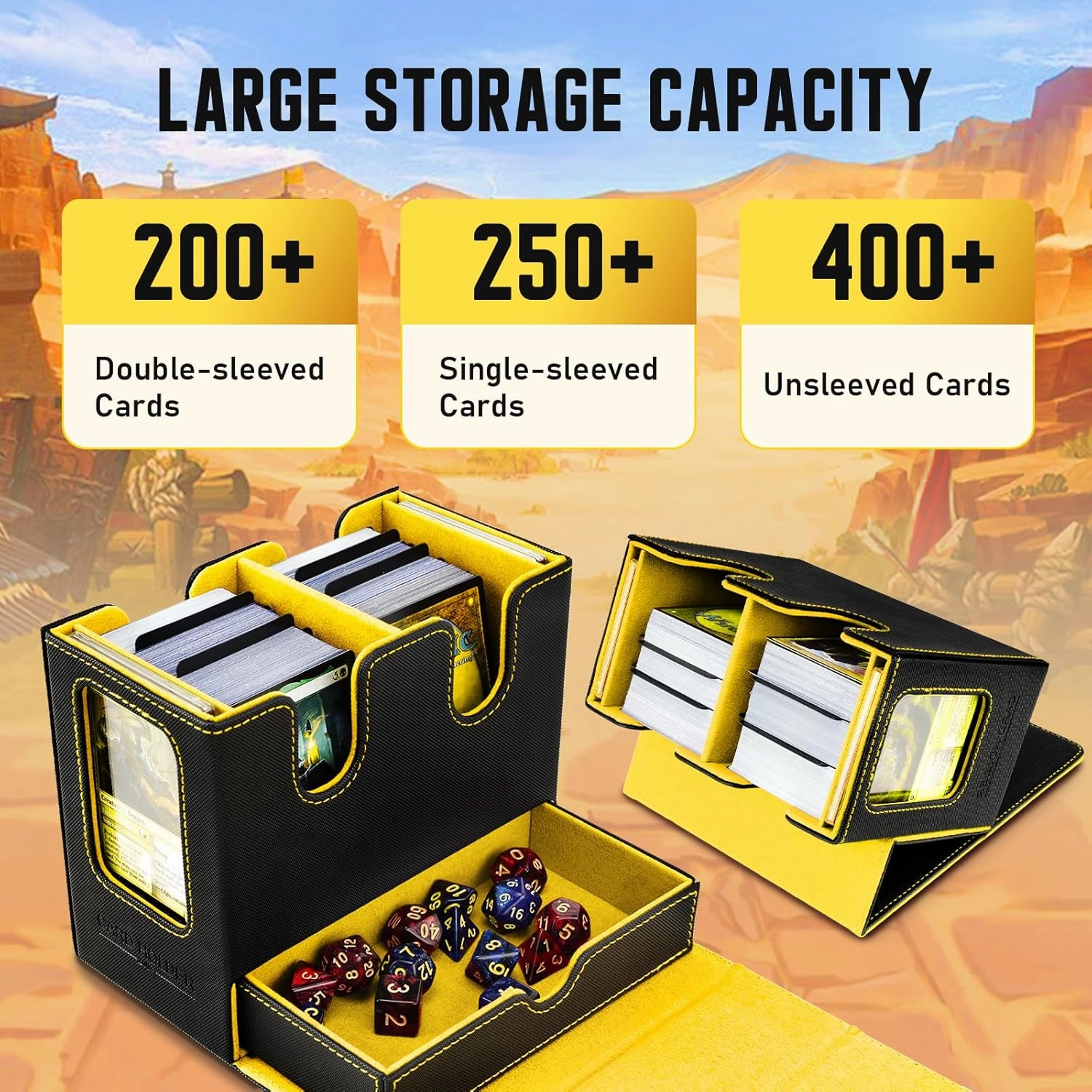 TiMOVO MTG Deck Box, MTG Commander Card Deck Box with Commander Display & Dice Tray Fits 400  Unsleeved Cards, Leather Magnetic Card Storage Case with 6 Dividers for TCG CCG Magic Cards, Black  Yellow