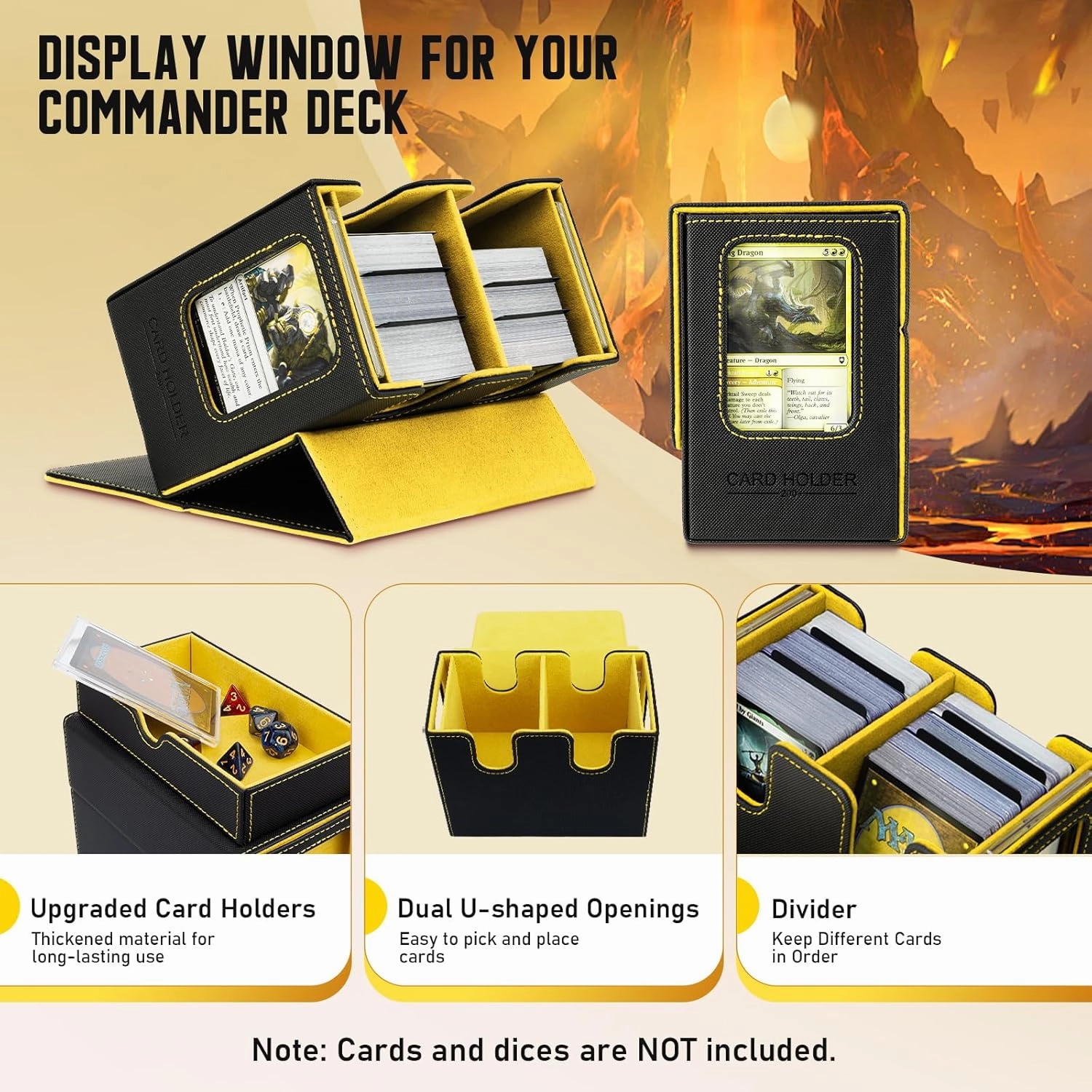 TiMOVO MTG Deck Box, MTG Commander Card Deck Box with Commander Display & Dice Tray Fits 400  Unsleeved Cards, Leather Magnetic Card Storage Case with 6 Dividers for TCG CCG Magic Cards, Black  Yellow
