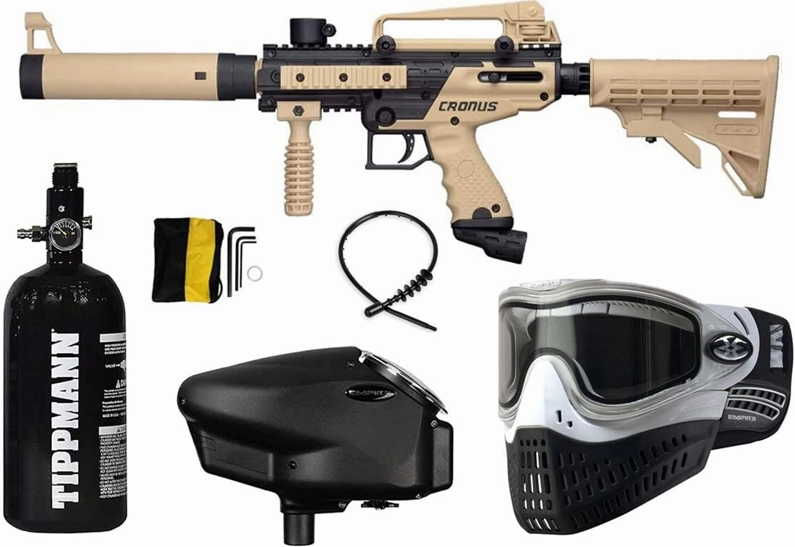 Tippmann Black and Tan Cronus Tactical Paintball Gun Marker with Grey Empire Halo Too Electronic Loader and E-Flex Thermal Mask