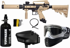 Tippmann Black and Tan Cronus Tactical Paintball Gun Marker with Grey Empire Halo Too Electronic Loader and E-Flex Thermal Mask