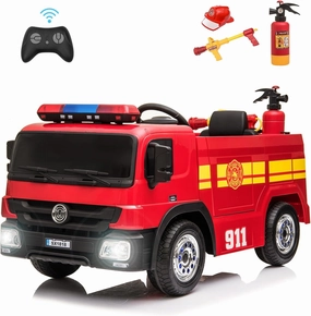 TLSUNNY Ride On Fire Truck, Kid's Electric Vehicles, Remote Control Power Motorized Driving Cars, 12 Volt Battery Powered Fire Car Toy w/Spring Suspension, 3 Speeds, Water Gun, Hat, Extinguisher,Horn