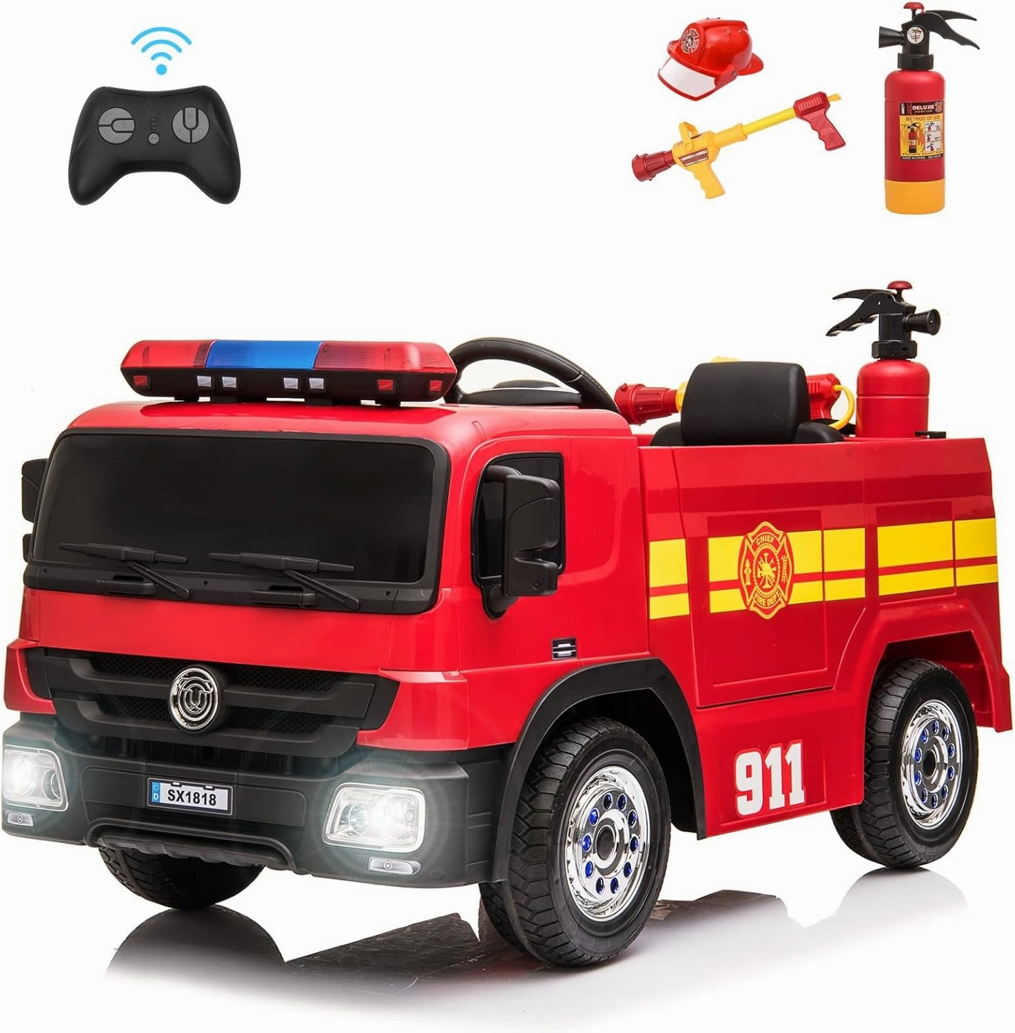 TLSUNNY Ride On Fire Truck, Kid's Electric Vehicles, Remote Control Power Motorized Driving Cars, 12 Volt Battery Powered Fire Car Toy w/Spring Suspension, 3 Speeds, Water Gun, Hat, Extinguisher,Horn