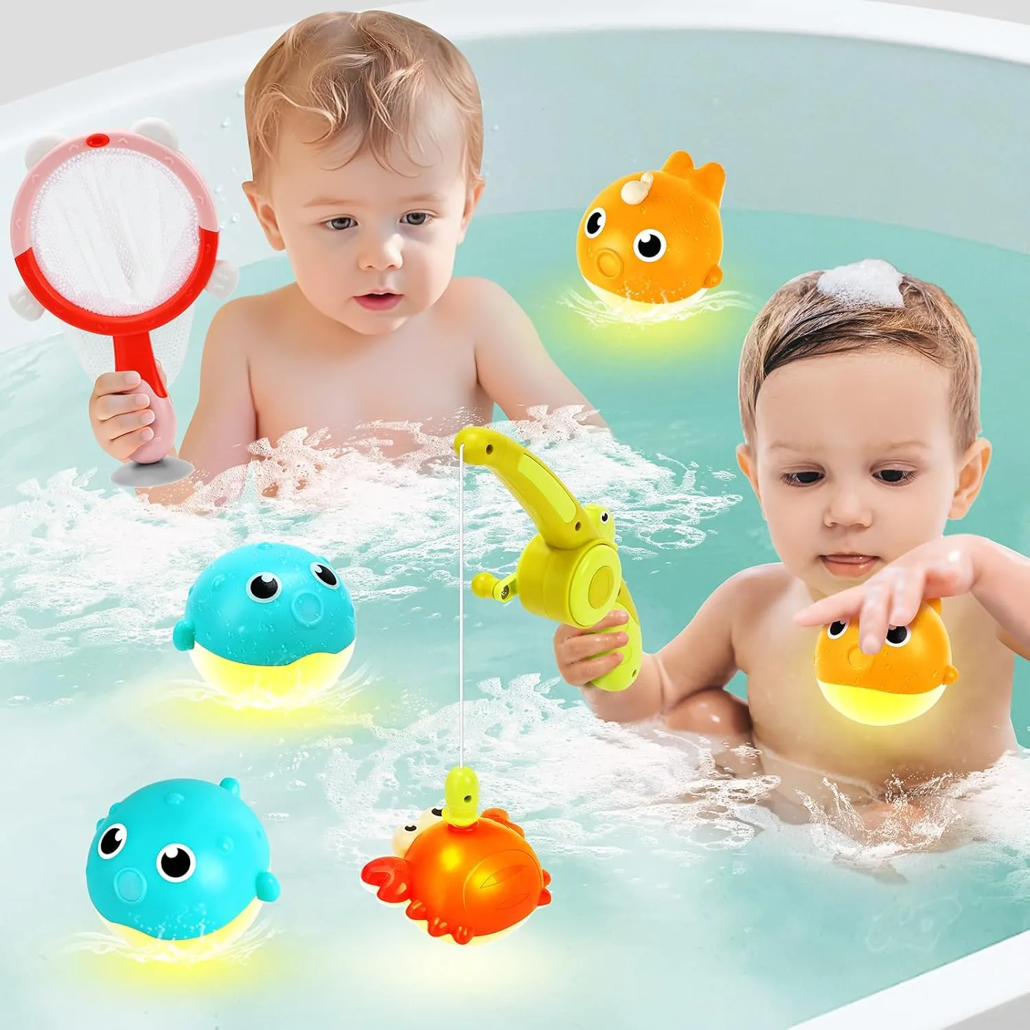Toddlers Bath Toys for Kids Ages 1-3,7PCS Mold Free Swimming Bathtub Toy Set(Floating Light Up 1 Crab and 4 Fish,Thick Fishing Rod and Net), Magnetic Fishing Game Gifts for Boys Girls 1 2 3 4 5 6