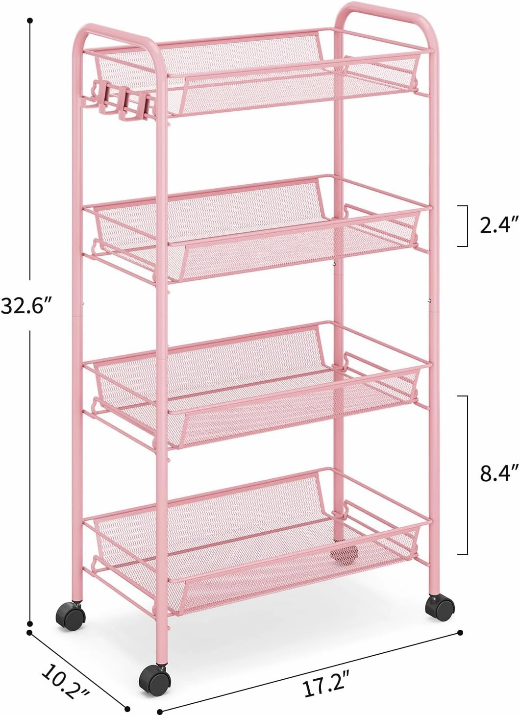TOOLF 4 Tier Rolling Utility Cart - Durable Metal Design Pink Utility Cart, Storage Trolley on Wheels with 3 Hooks, Perfect for Kitchen, Bathroom & Laundry Room Organization