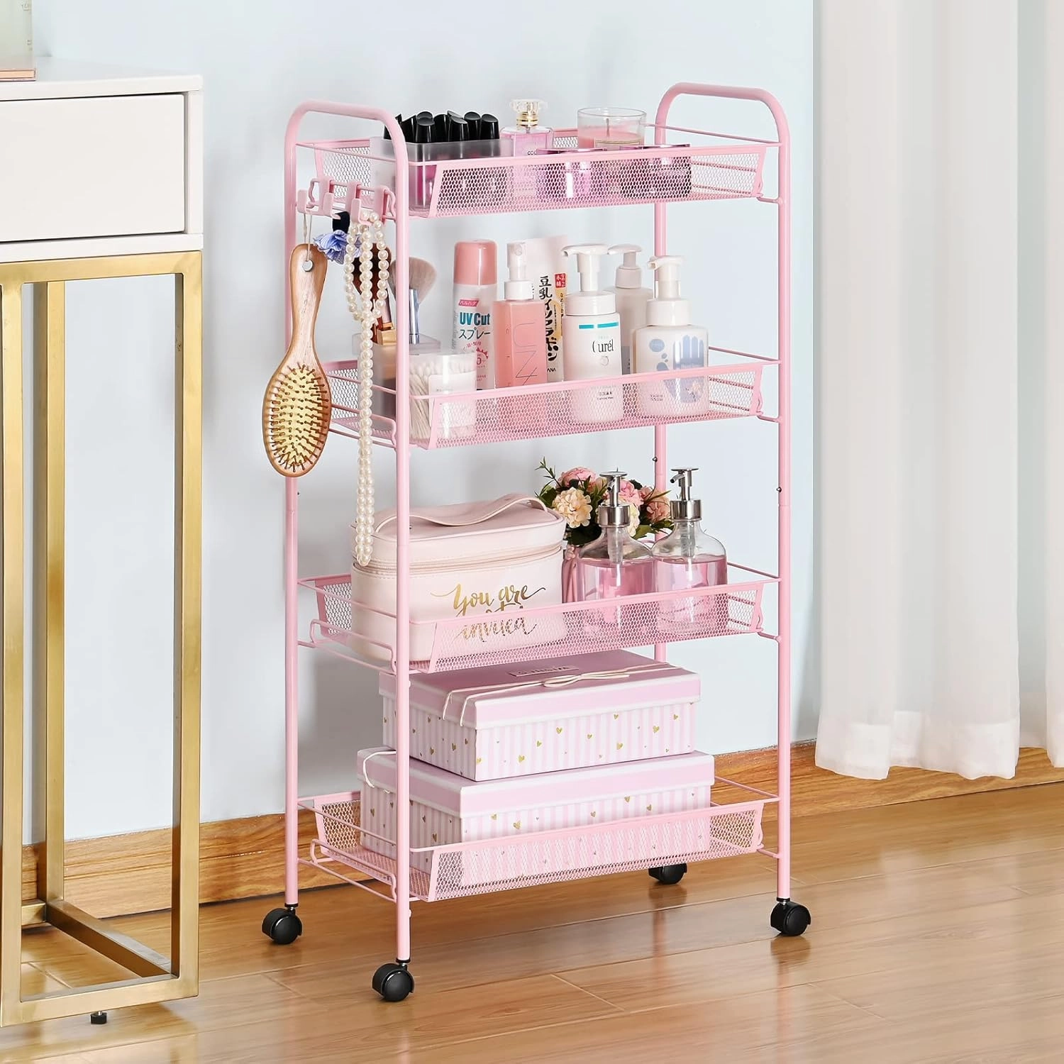 TOOLF 4 Tier Rolling Utility Cart - Durable Metal Design Pink Utility Cart, Storage Trolley on Wheels with 3 Hooks, Perfect for Kitchen, Bathroom & Laundry Room Organization