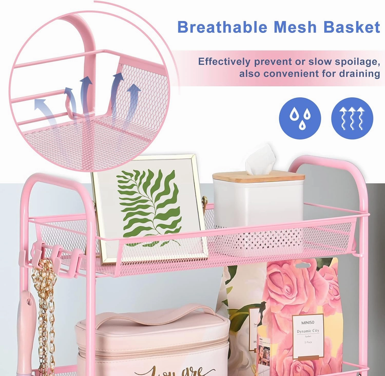 TOOLF 4 Tier Rolling Utility Cart - Durable Metal Design Pink Utility Cart, Storage Trolley on Wheels with 3 Hooks, Perfect for Kitchen, Bathroom & Laundry Room Organization