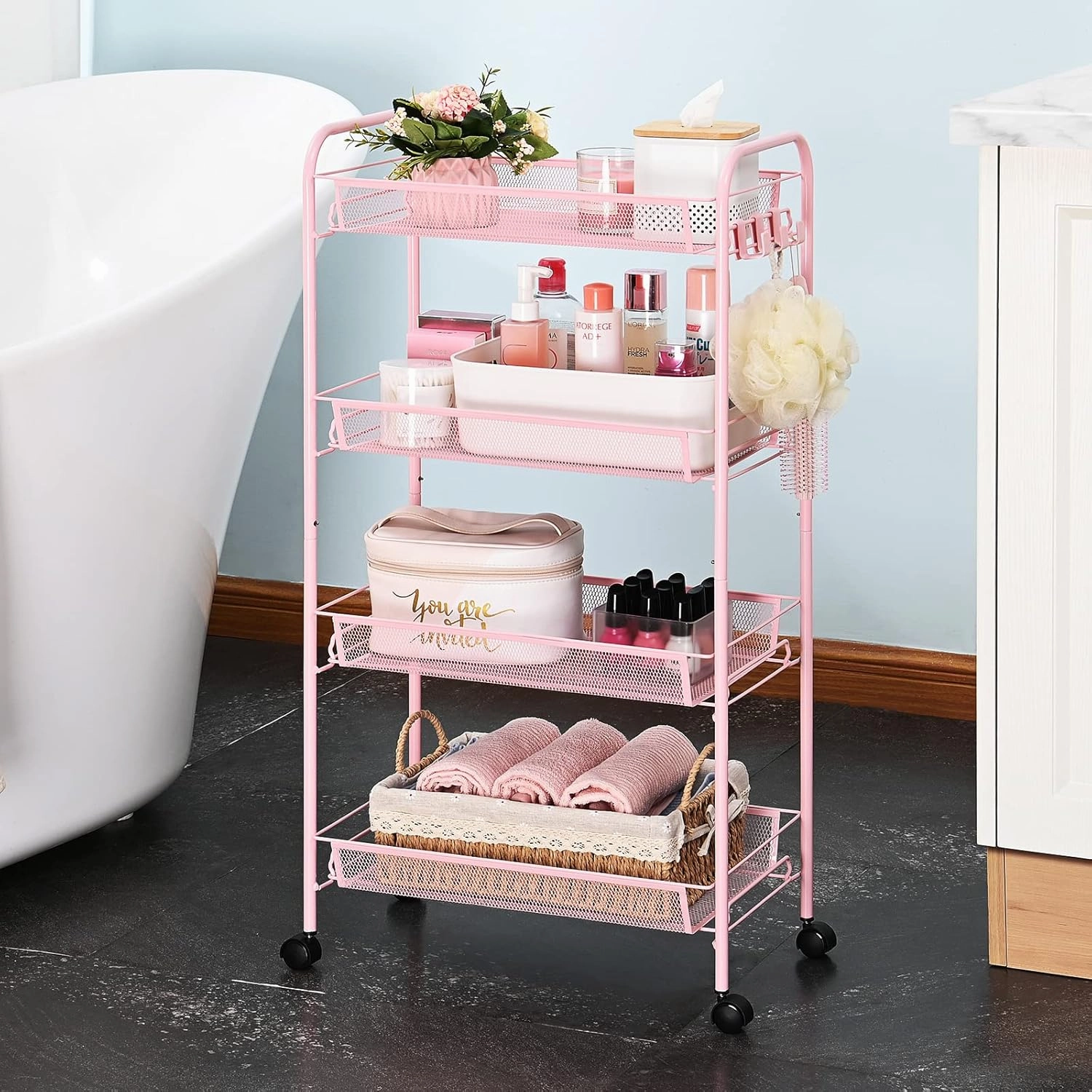 TOOLF 4 Tier Rolling Utility Cart - Durable Metal Design Pink Utility Cart, Storage Trolley on Wheels with 3 Hooks, Perfect for Kitchen, Bathroom & Laundry Room Organization
