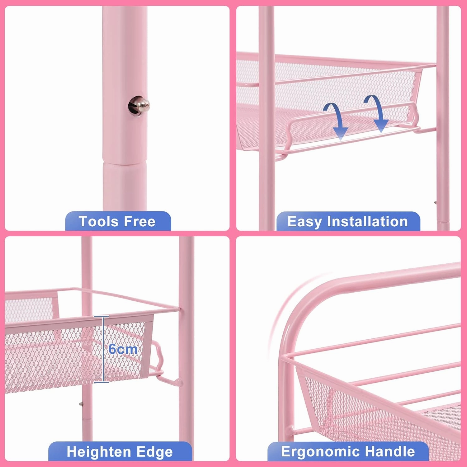 TOOLF 4 Tier Rolling Utility Cart - Durable Metal Design Pink Utility Cart, Storage Trolley on Wheels with 3 Hooks, Perfect for Kitchen, Bathroom & Laundry Room Organization
