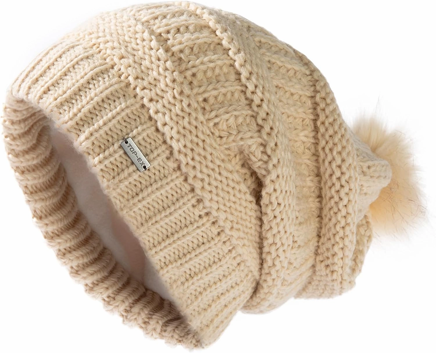 TOP-EX 100% Merino Wool Winter Slouchy Beanie for Women with Faux Fur Pom - Satin or Fleece Lined Hats for Cold Weather