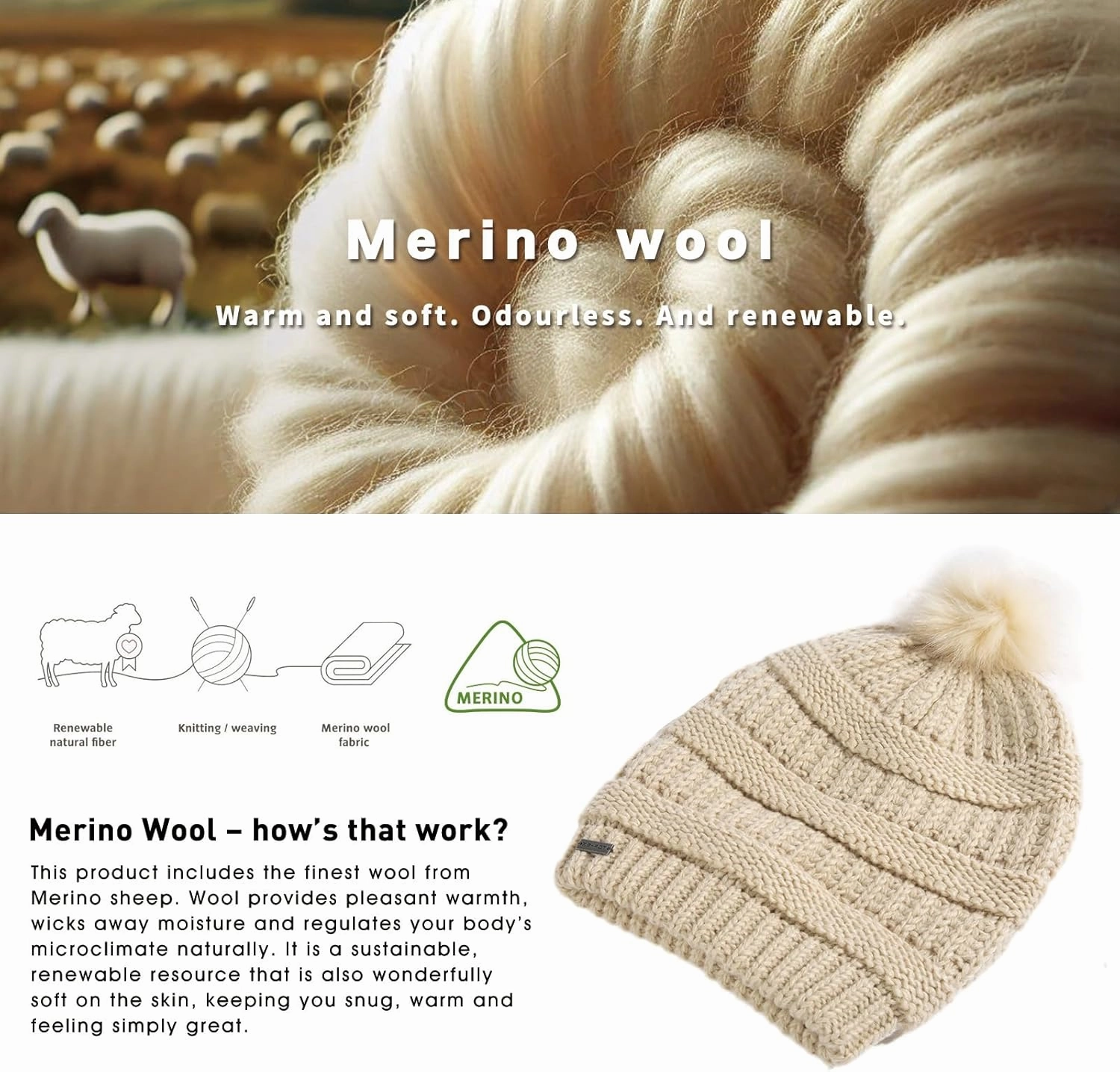 TOP-EX 100% Merino Wool Winter Slouchy Beanie for Women with Faux Fur Pom - Satin or Fleece Lined Hats for Cold Weather