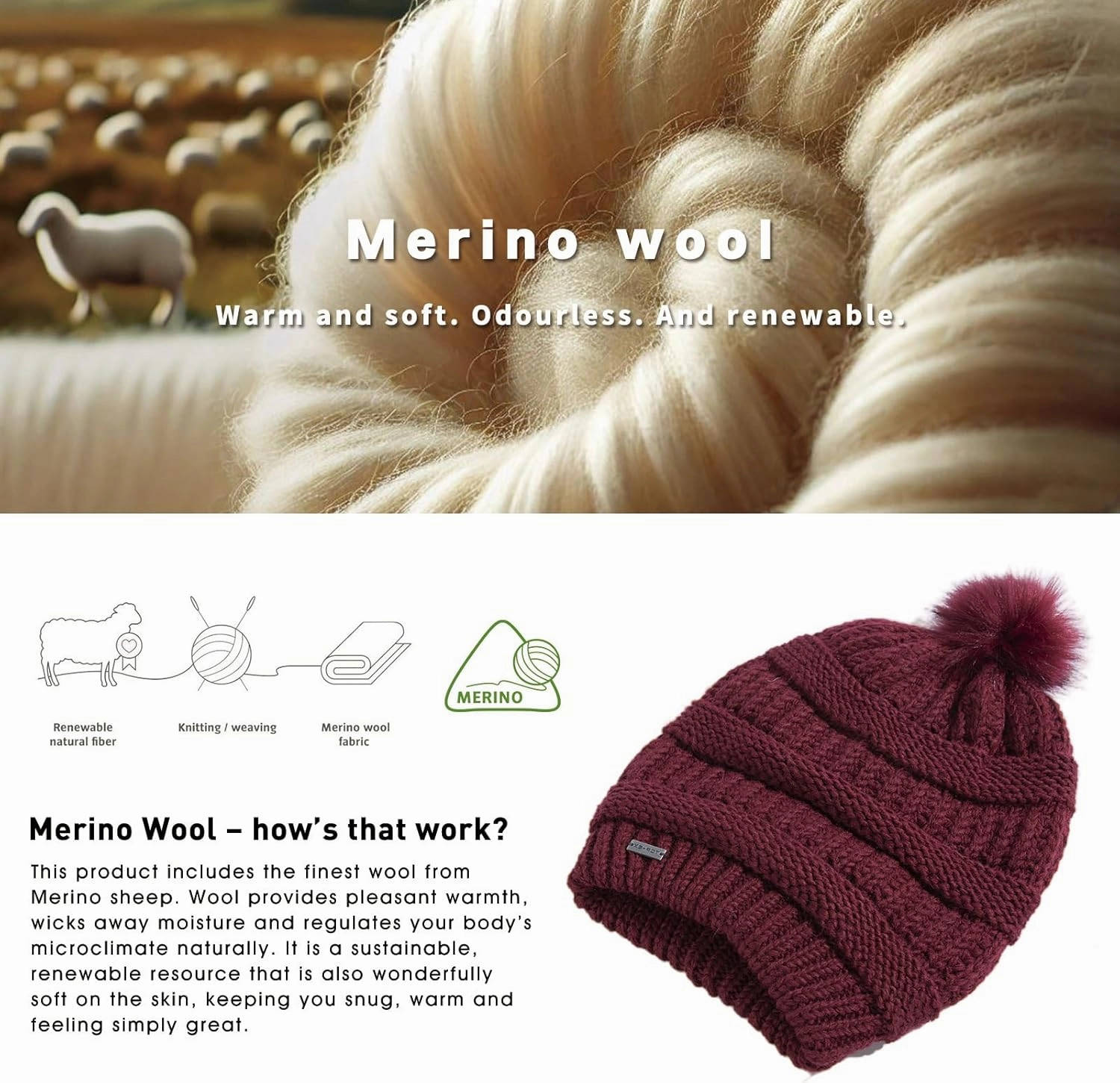 TOP-EX 100% Merino Wool Winter Slouchy Beanie for Women with Faux Fur Pom - Satin or Fleece Lined Hats for Cold Weather