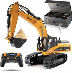 Top Race Full Metal Adult RC Hydraulic Excavator Truck - 23-Channel Remote Control Excavator Toy with Claw Grabber - ‎Rechargeable 2000mAh Battery, Smoke Simulated, 180 Lbs Capacity - 15"x9"x23.6"