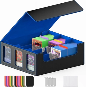 TopMade Card Deck Box with Commander Display for Trading Cards 2400  with 18 Colorful Divider, Leather Magnetic Commander Trading Card Storage Box for YuGiOh, MTG, TCG and Sport Cards - Black & Blue