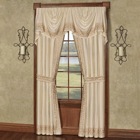 Touch of Class Versailles Luxury Window Treatment | Classic Neutral Pearl | Palace-Inspired French Style Golden Scrollwork Embroidery | Designed Drapery Set: Empire Valance and 84L Curtain Pair