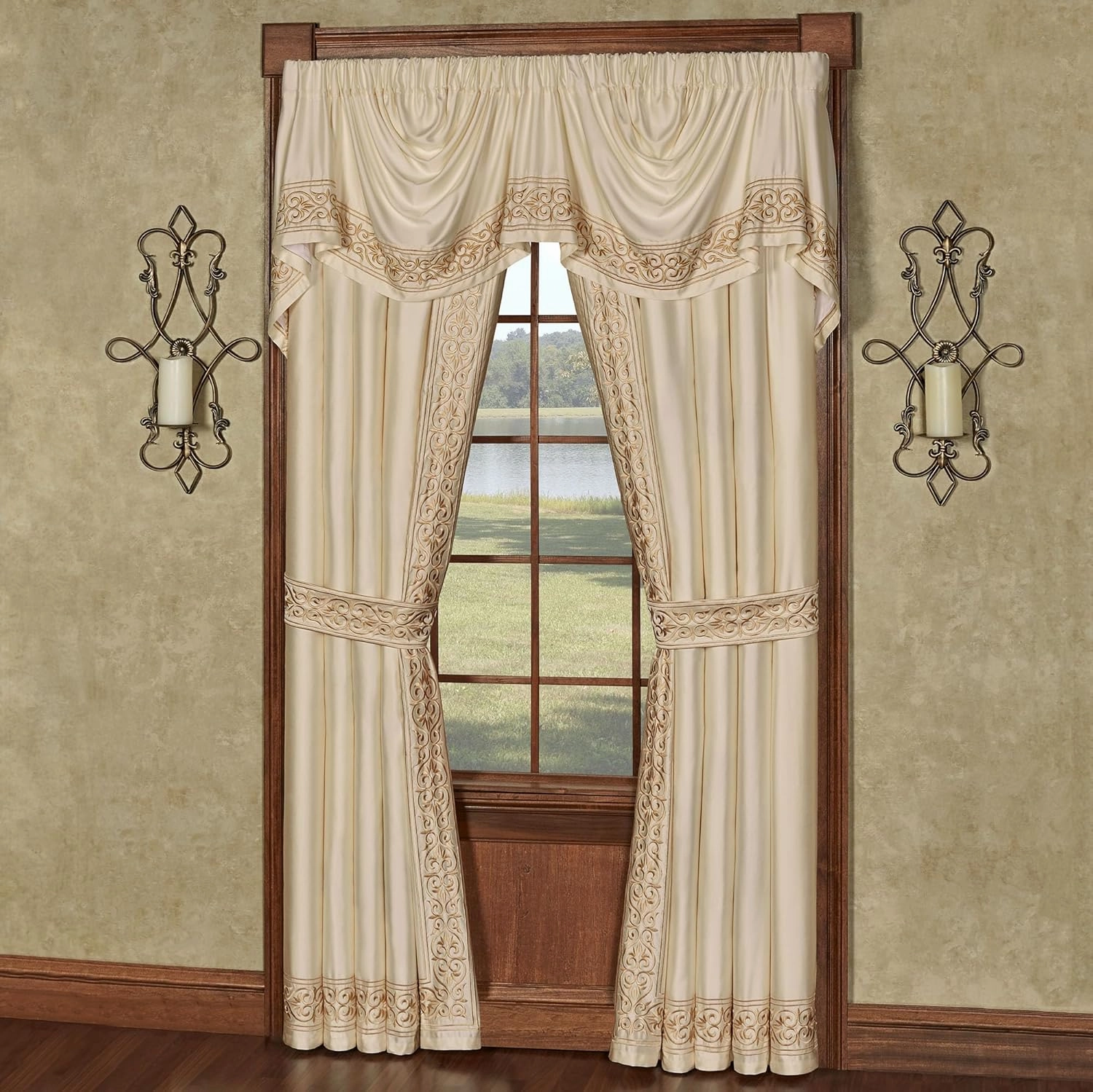 Touch of Class Versailles Luxury Window Treatment | Classic Neutral Pearl | Palace-Inspired French Style Golden Scrollwork Embroidery | Designed Drapery Set: Empire Valance and 84L Curtain Pair