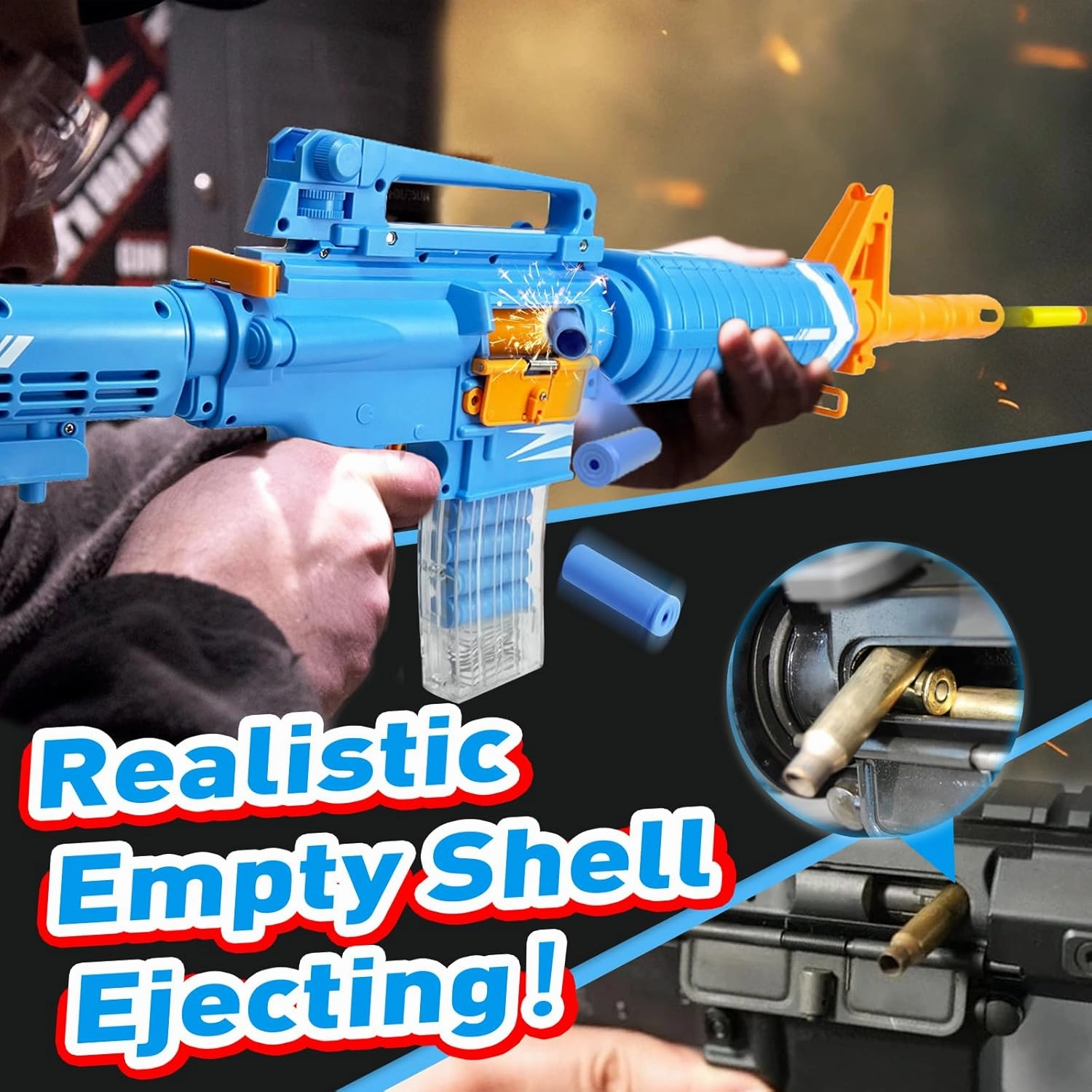 Toy Gun Classic M16 Electric Automatic Rifle Auto-Manual Shell Ejecting Double Modes Toy Foam Blaster with 40 Darts 20 Bullet Cases 2 Magazines Toys for 8-12 Years Birthday Gift (Blue)
