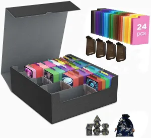 Trading Card Storage Box 3200  Capacity 4-Row Commander Deck Box with 24Colorful Dividers & 4 Card Supporters PU Leather Magnetic Closure- for MTG,TCG & Sports Cards,Black&Grey