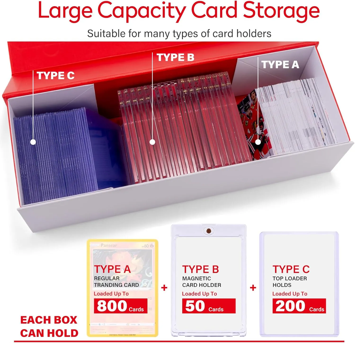 Trading Card Storage Box, 4 Pack Magnetic Cards Holder Case for Top Loader, Card Cases for Sports Cards, Game CardBoard Boxes for 800 Cards, 200 Top Loaders, 50 one touch