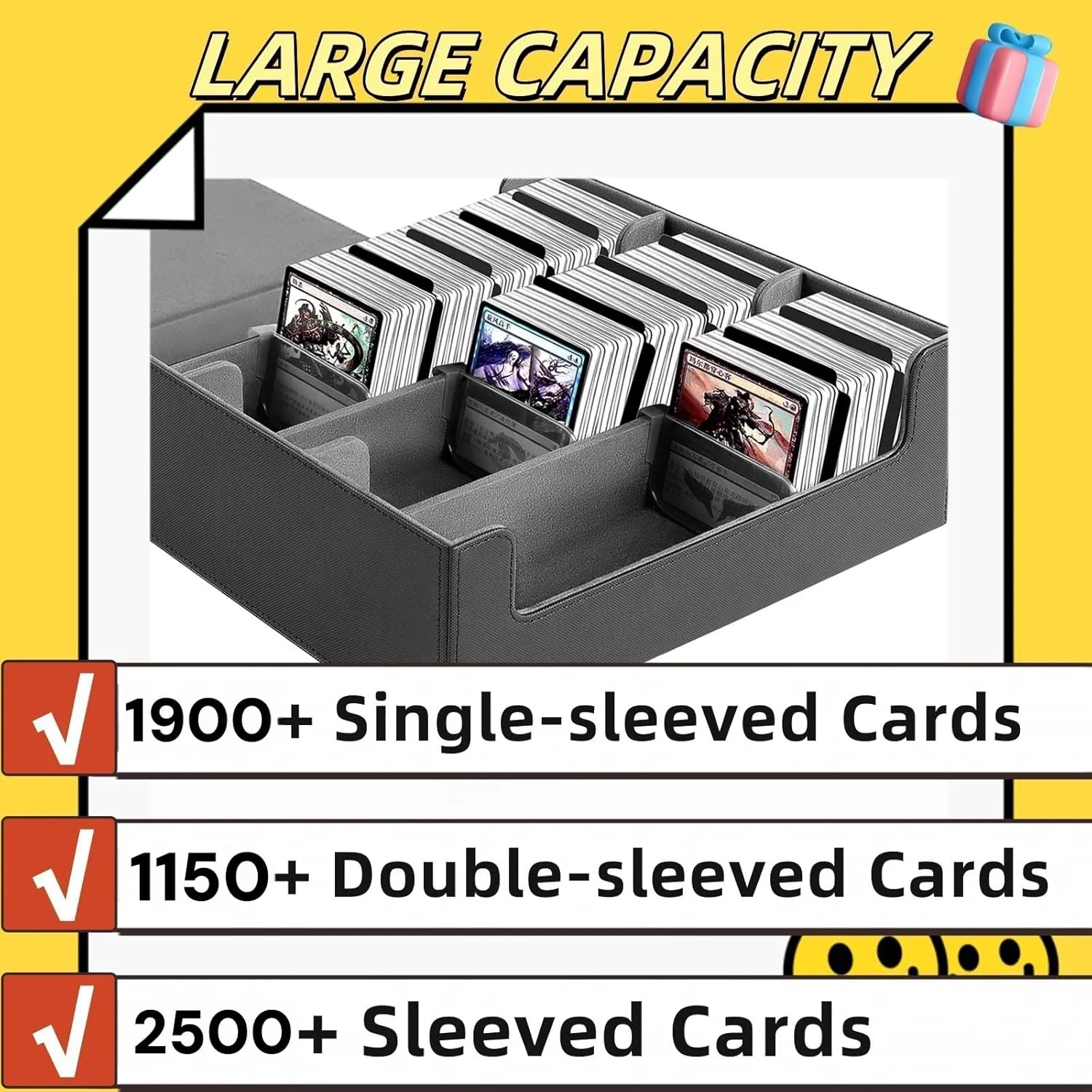 Trading Card Storage Box Cards1900 , Card Storage Box with 10PCS Divider and 4 Supporters, PU Leather Magnetic Closure,Commander Deck Box Fit MTG and Sport Cards,YugiOh(Black Gary)