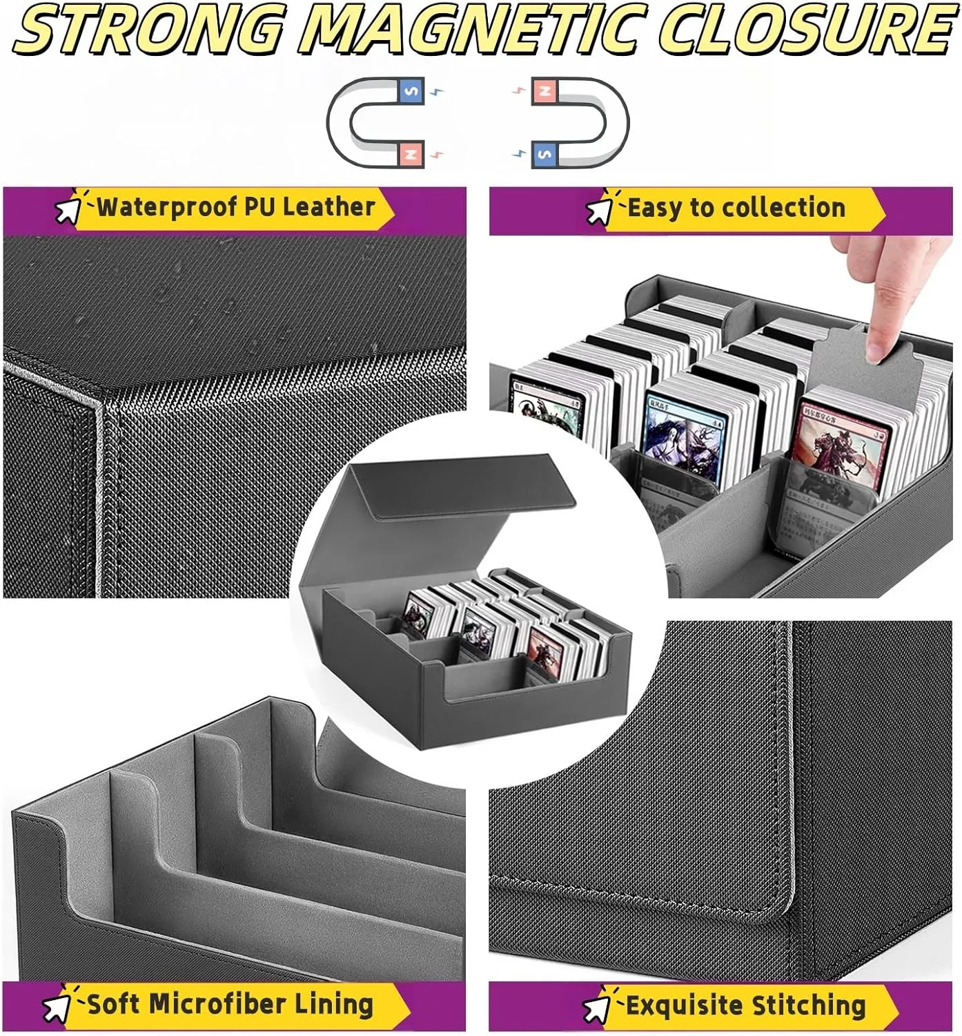 Trading Card Storage Box Cards1900 , Card Storage Box with 10PCS Divider and 4 Supporters, PU Leather Magnetic Closure,Commander Deck Box Fit MTG and Sport Cards,YugiOh(Black Gary)